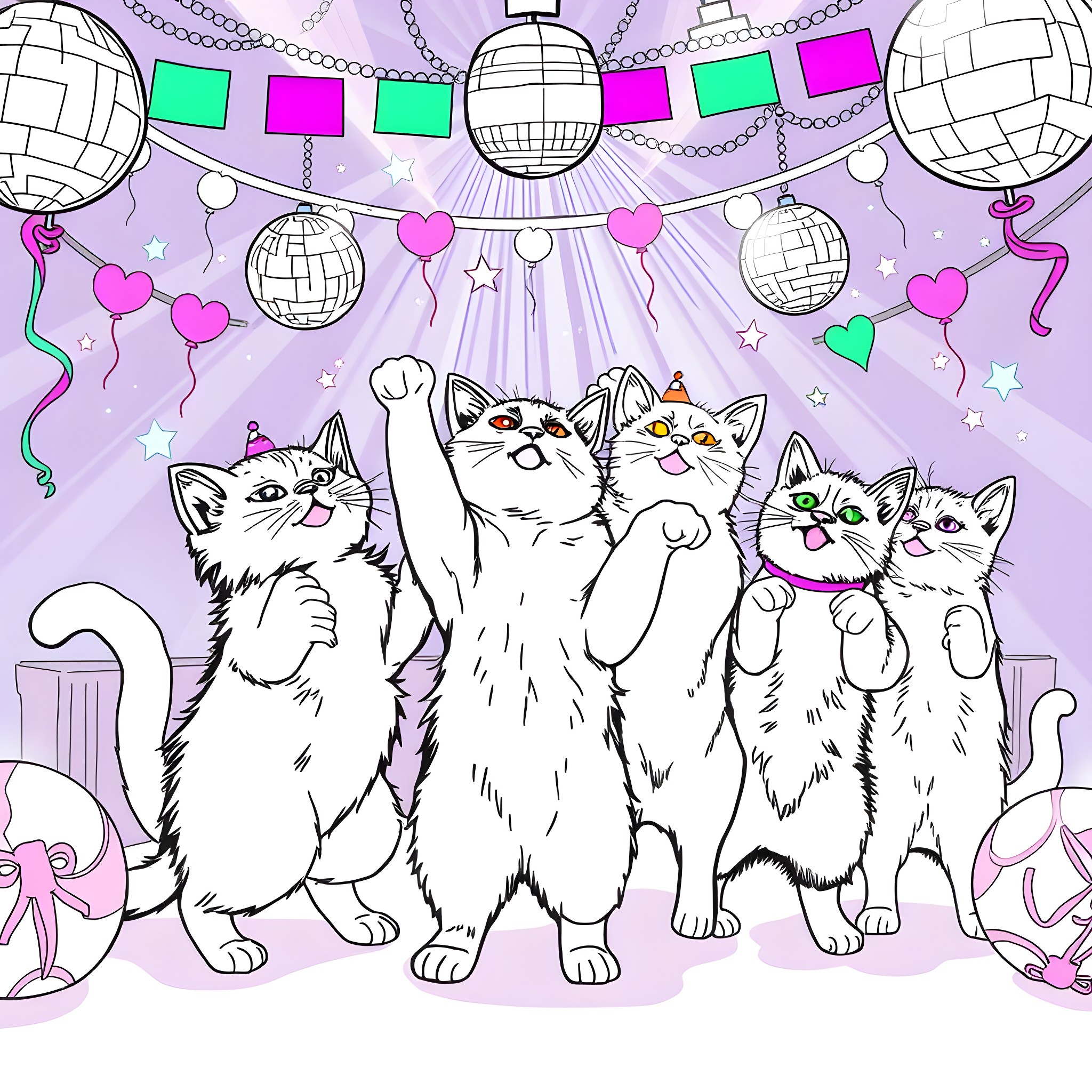 Cats Celebrating with Party Decorations Coloring Page (free black-and-white line drawing printable PDF for all, from beginners to advanced learners, including children, teens, adults, and seniors)