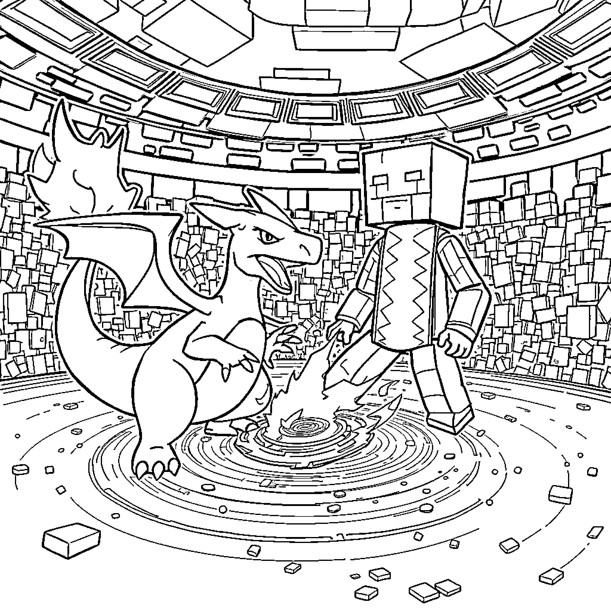 Charizard Emerging Victorious in a Colossal Arena Coloring Page (free black-and-white line drawing printable PDF for all, from beginners to advanced learners, including children, teens, adults, and seniors)