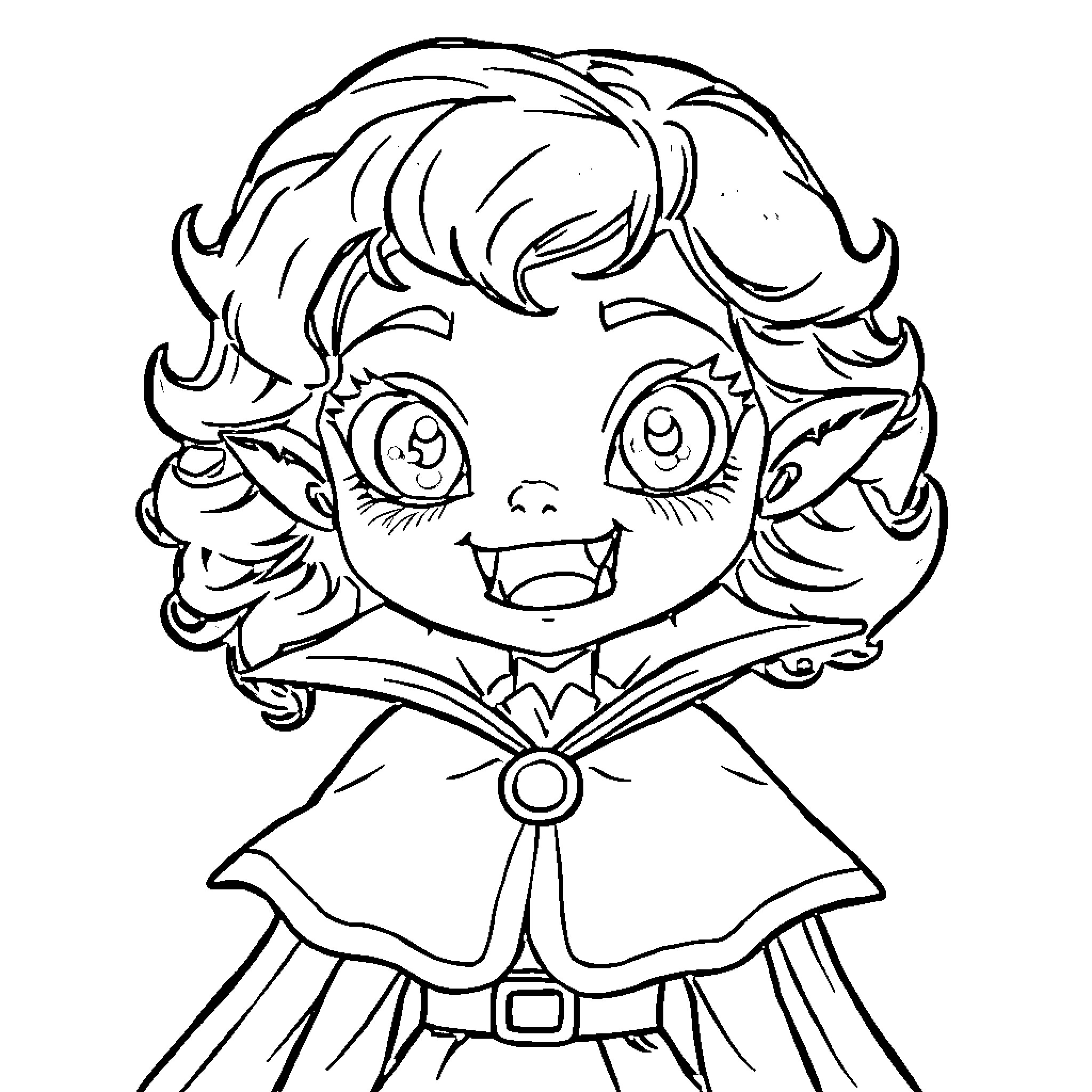 Vampire Cartoon Character with Whimsical Outfit Coloring Page (free black-and-white line drawing printable PDF for all, from beginners to advanced learners, including children, teens, adults, and seniors)