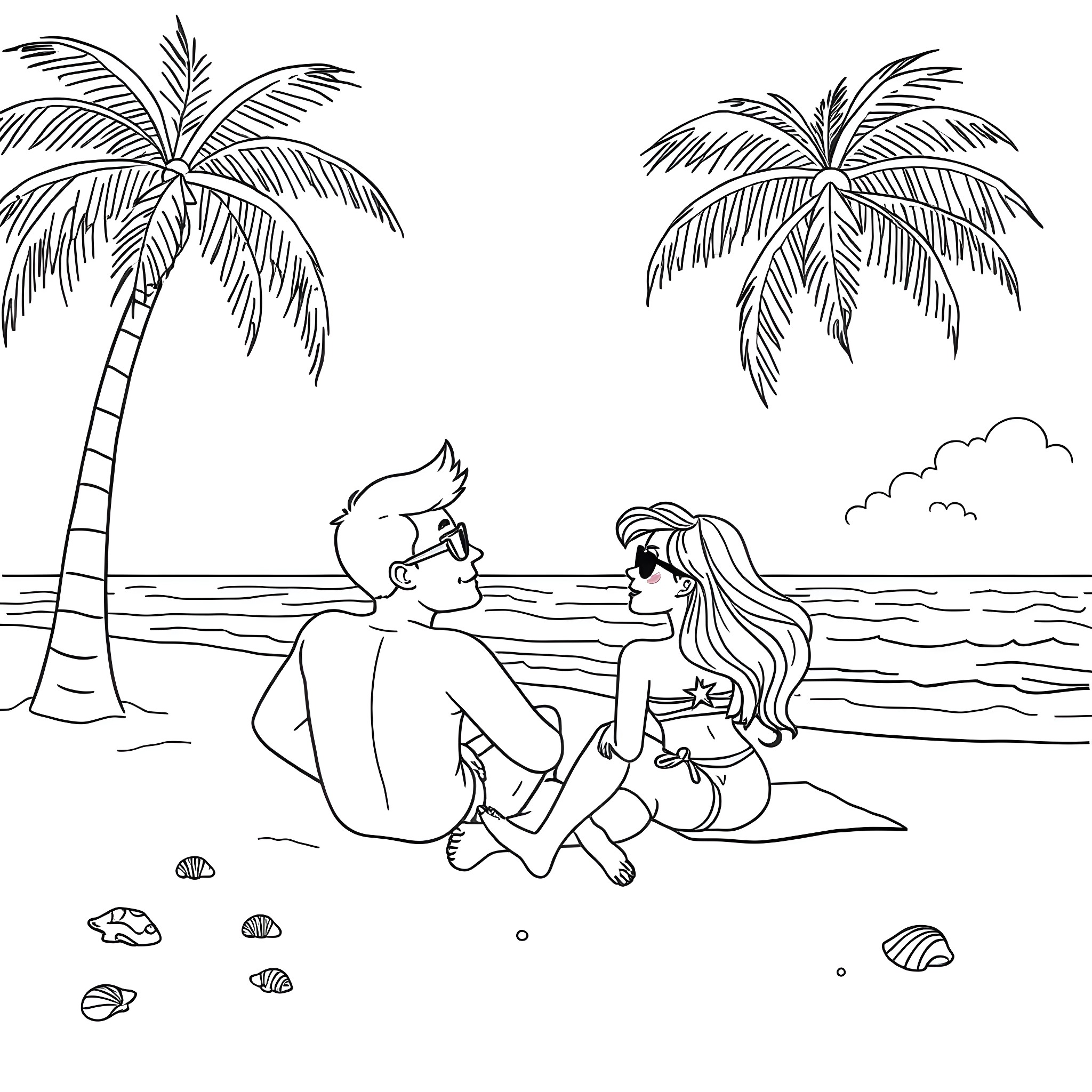 Maury's Tropical Beach Adventure Coloring Page (free black-and-white line drawing printable PDF for all, from beginners to advanced learners, including children, teens, adults, and seniors)