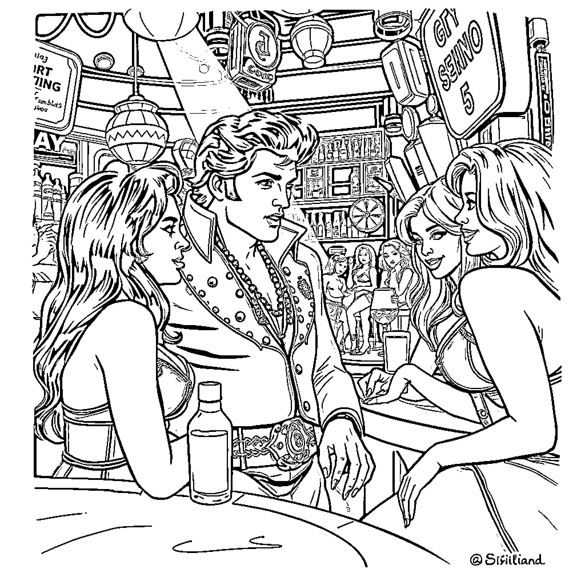 Elvis Presley entertaining his female fans at a diner Coloring Page (free black-and-white line drawing printable PDF for all, from beginners to advanced learners, including children, teens, adults, and seniors)