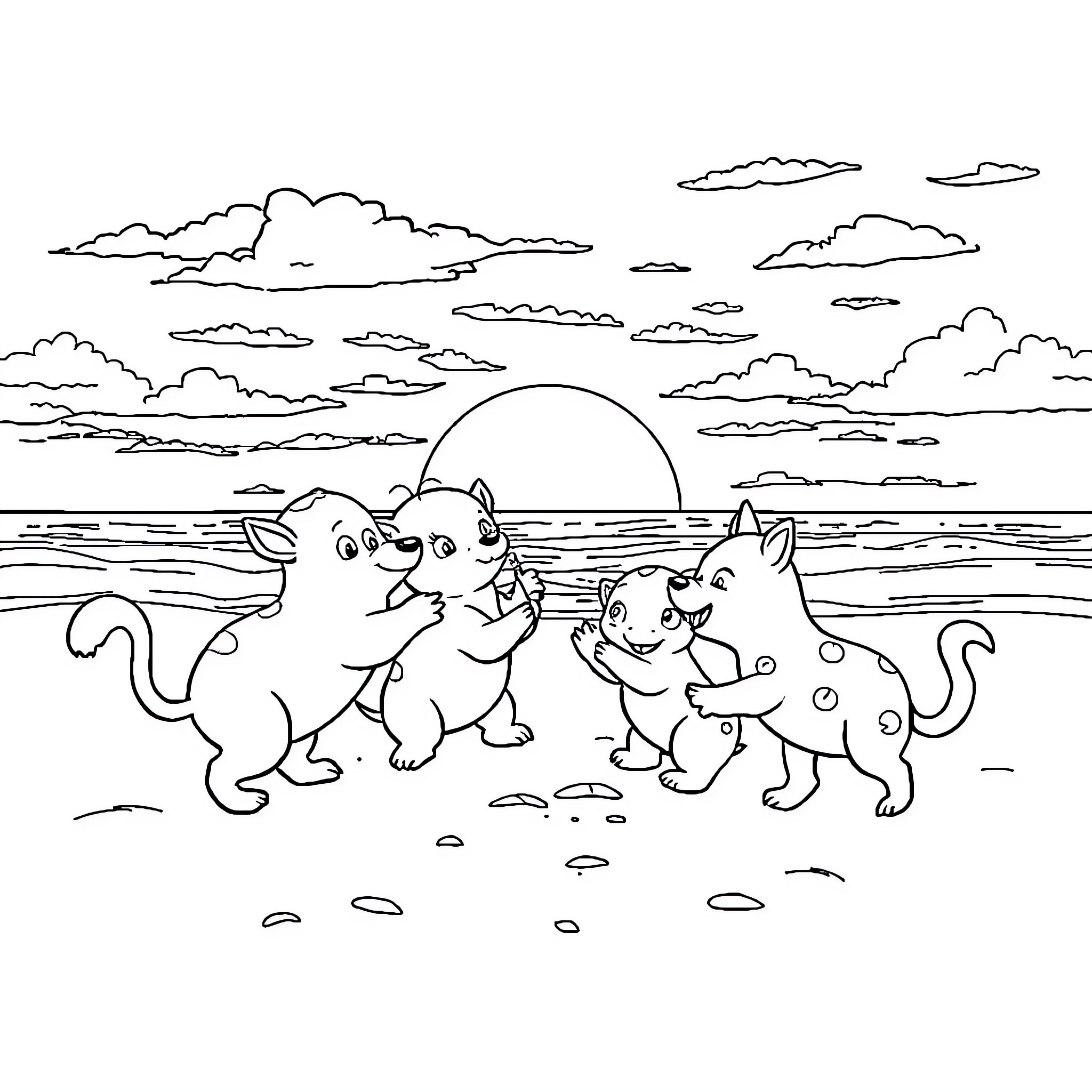 Animal kittens playing on the beach at sunset Coloring Page (free black-and-white line drawing printable PDF for all, from beginners to advanced learners, including children, teens, adults, and seniors)