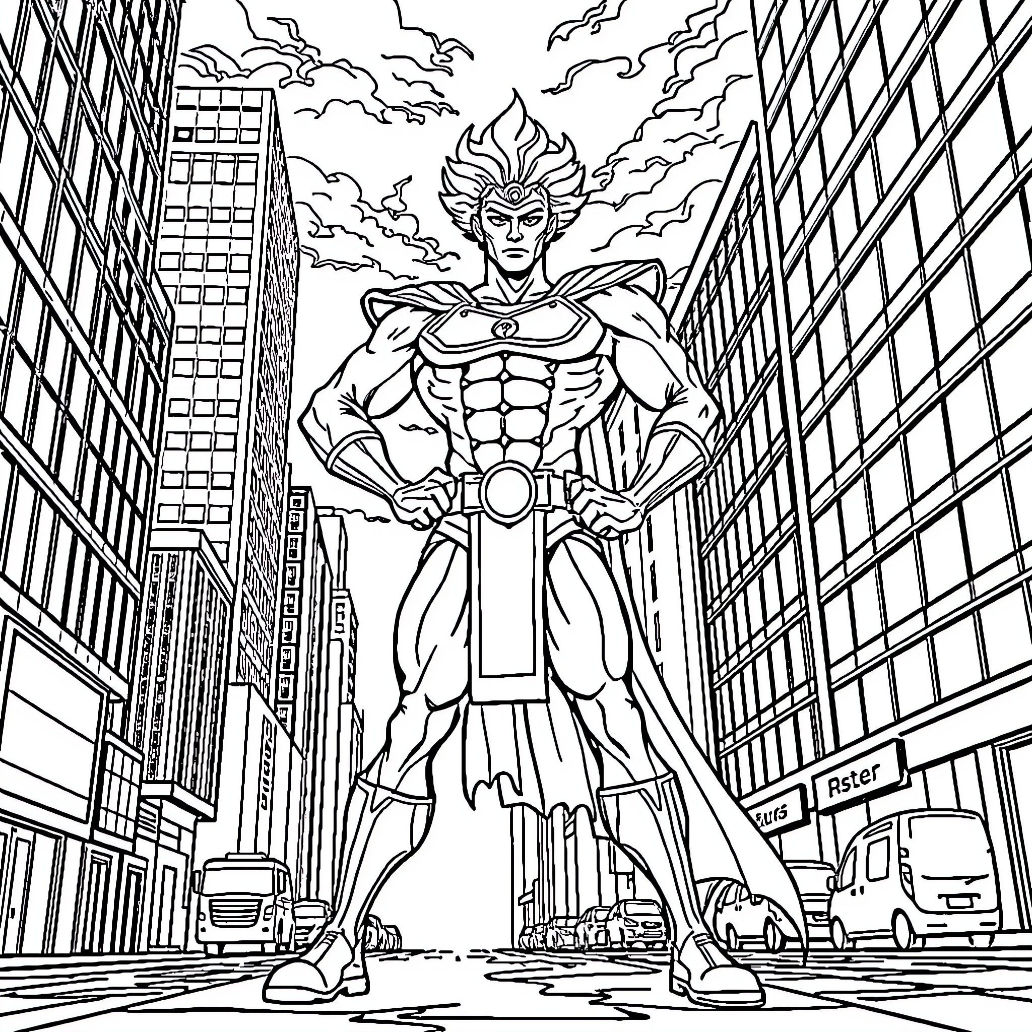Shaktiman, the heroic defender, stands tall in the city Coloring Page (free black-and-white line drawing printable PDF for all, from beginners to advanced learners, including children, teens, adults, and seniors)
