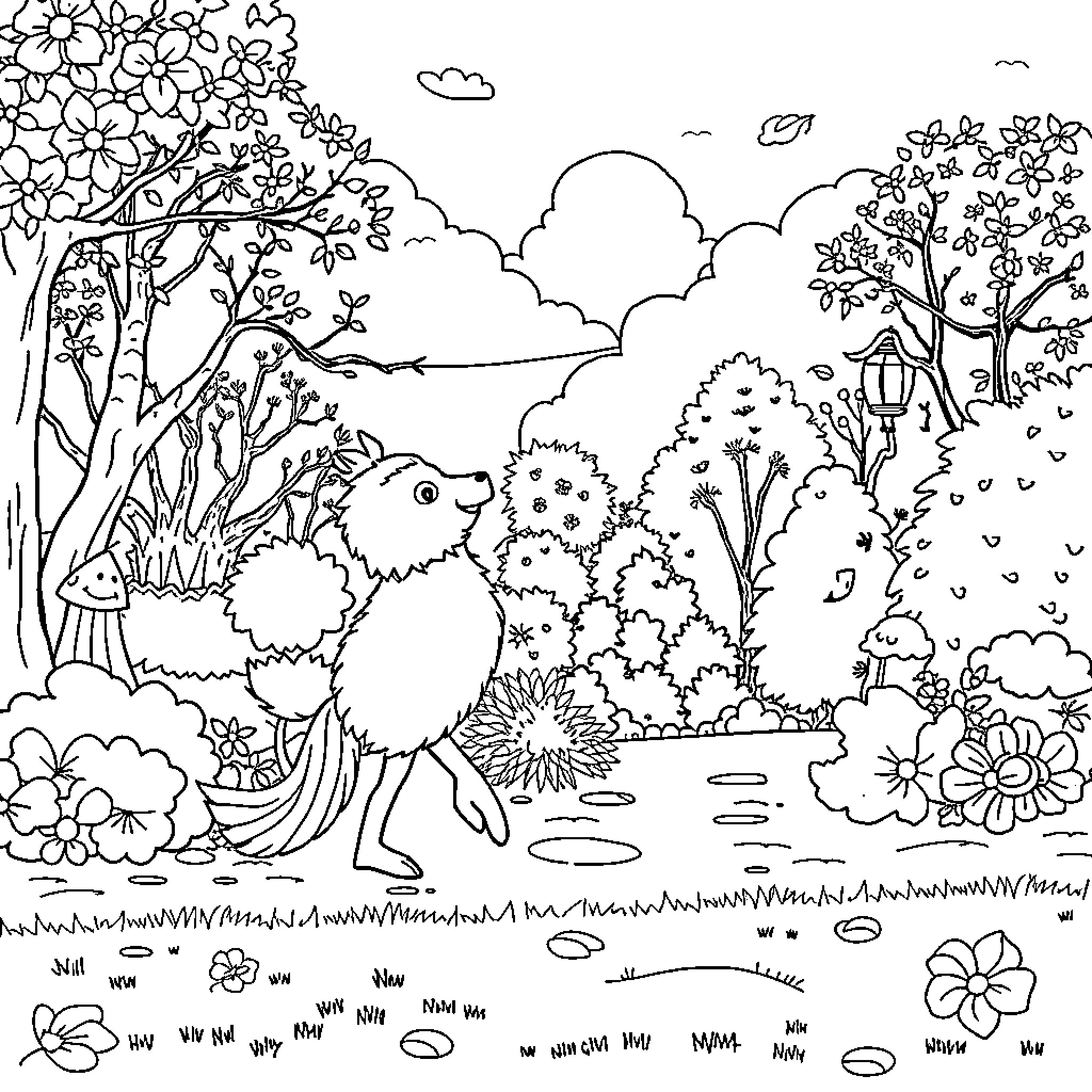 Paperino enjoying a floral meadow with flowers and nature Coloring Page (free black-and-white line drawing printable PDF for all, from beginners to advanced learners, including children, teens, adults, and seniors)