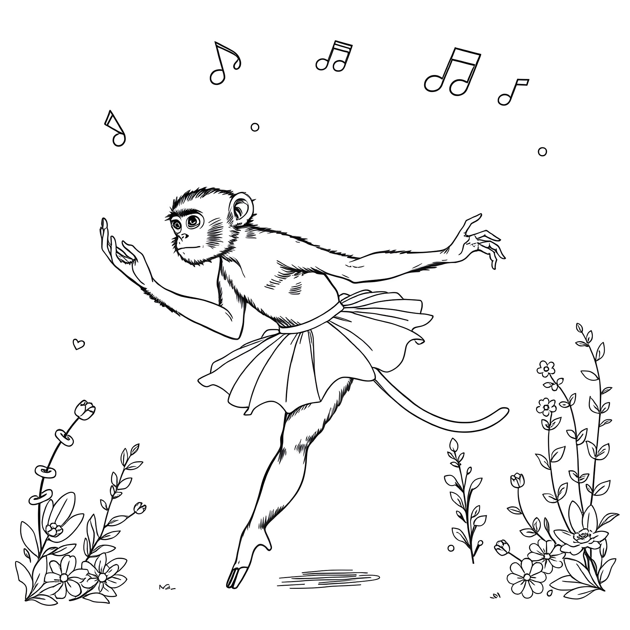 Ballerina monkey dancing gracefully among floral elements Coloring Page (free black-and-white line drawing printable PDF for all, from beginners to advanced learners, including children, teens, adults, and seniors)