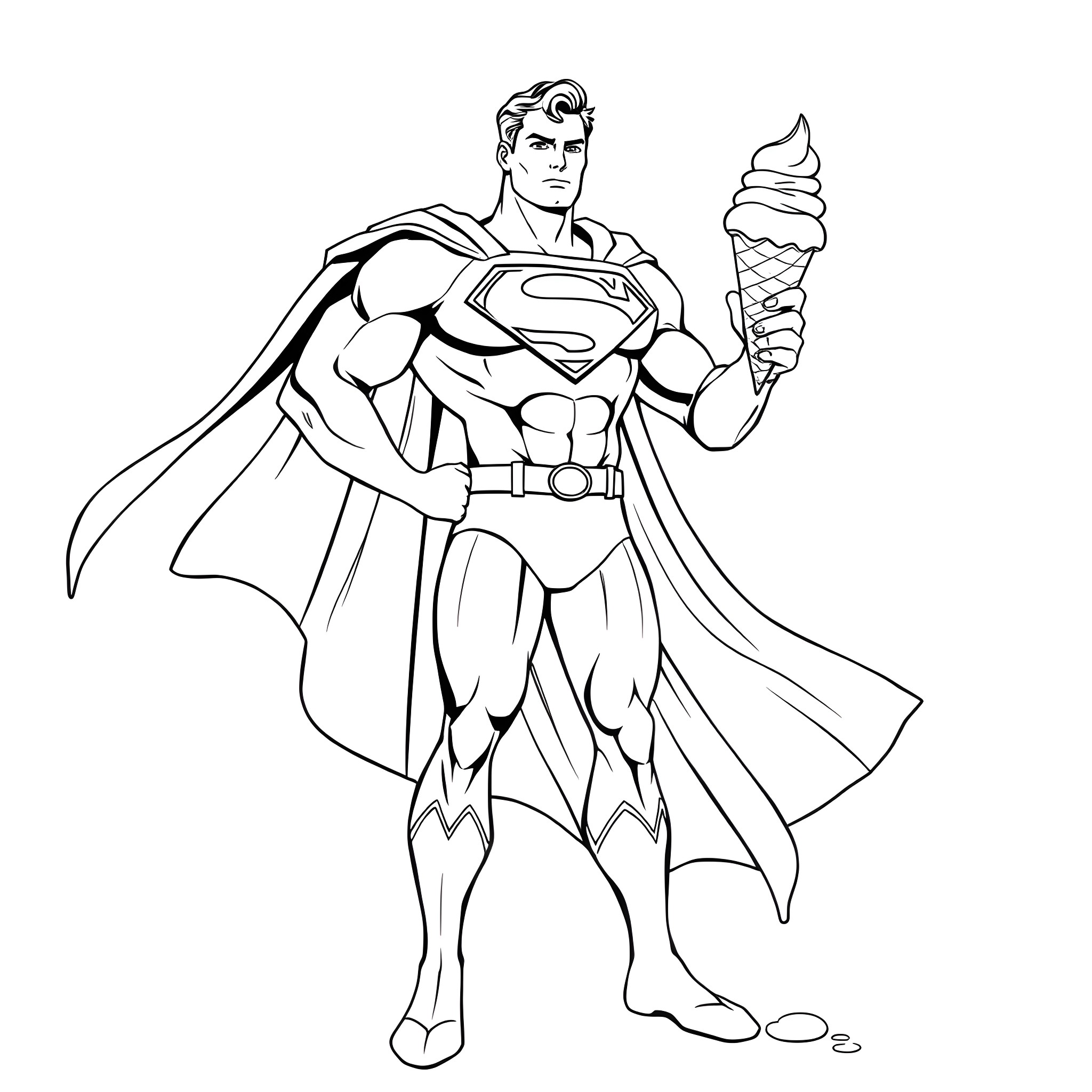 Superman enjoying ice cream in heroic pose Coloring Page (free black-and-white line drawing printable PDF for all, from beginners to advanced learners, including children, teens, adults, and seniors)