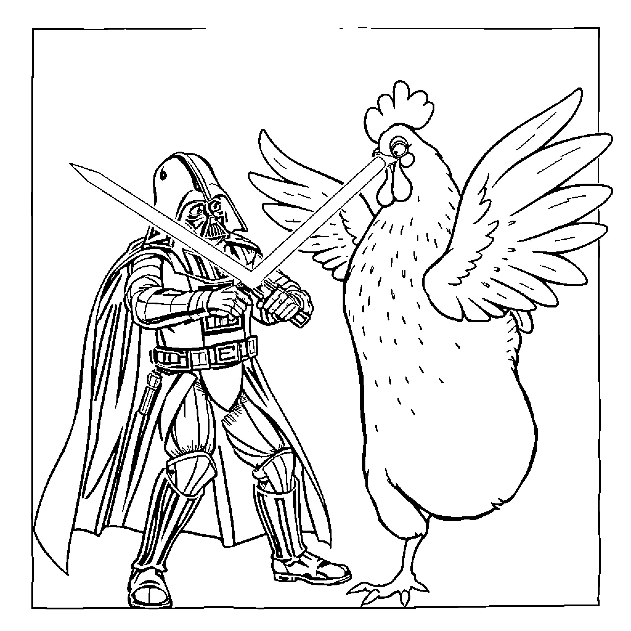 Darth Vader Confronts a Fearless Fowl Coloring Page (free black-and-white line drawing printable PDF for all, from beginners to advanced learners, including children, teens, adults, and seniors)