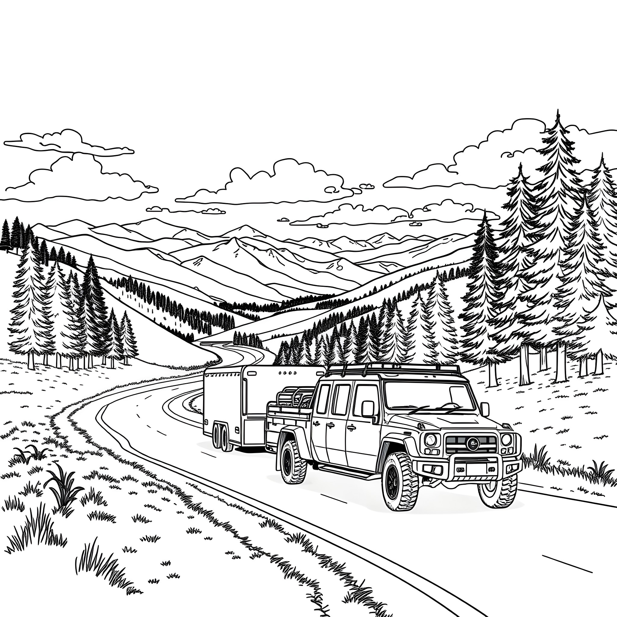 Car Trailer Traversing Scenic Mountain Landscape Coloring Page (free black-and-white line drawing printable PDF for all, from beginners to advanced learners, including children, teens, adults, and seniors)