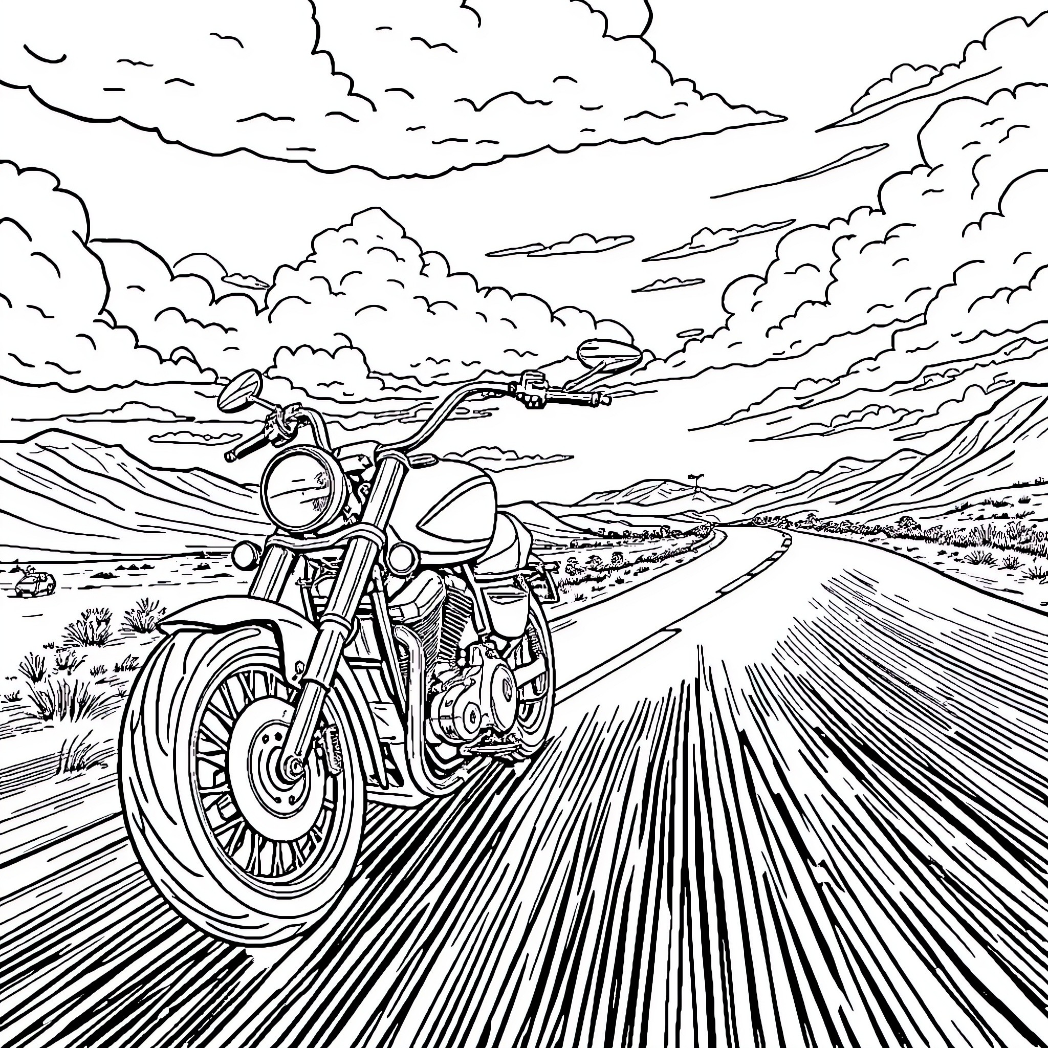 Motorcycle speeding down a winding road through the countryside Coloring Page (free black-and-white line drawing printable PDF for all, from beginners to advanced learners, including children, teens, adults, and seniors)