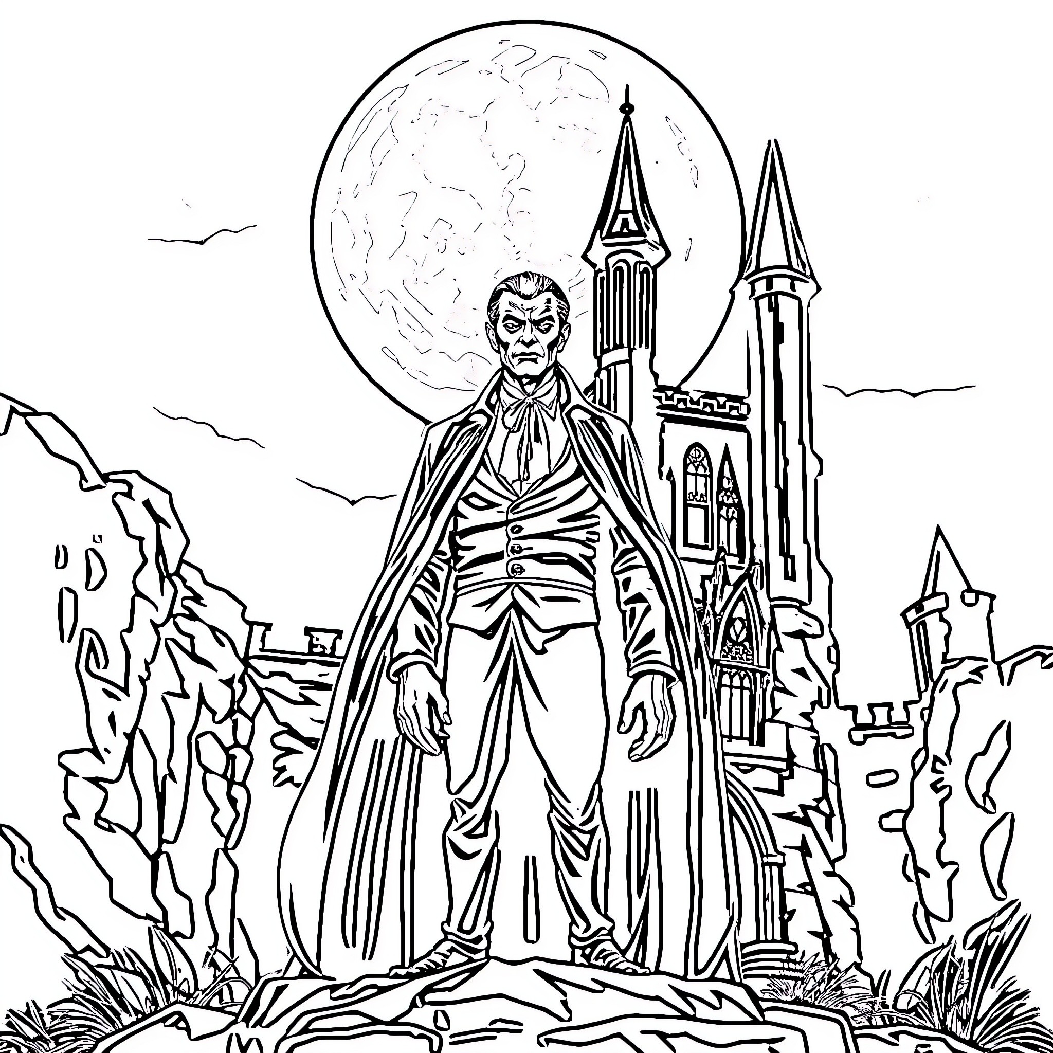 Dracula looming over a gothic castle and landscape Coloring Page (free black-and-white line drawing printable PDF for all, from beginners to advanced learners, including children, teens, adults, and seniors)