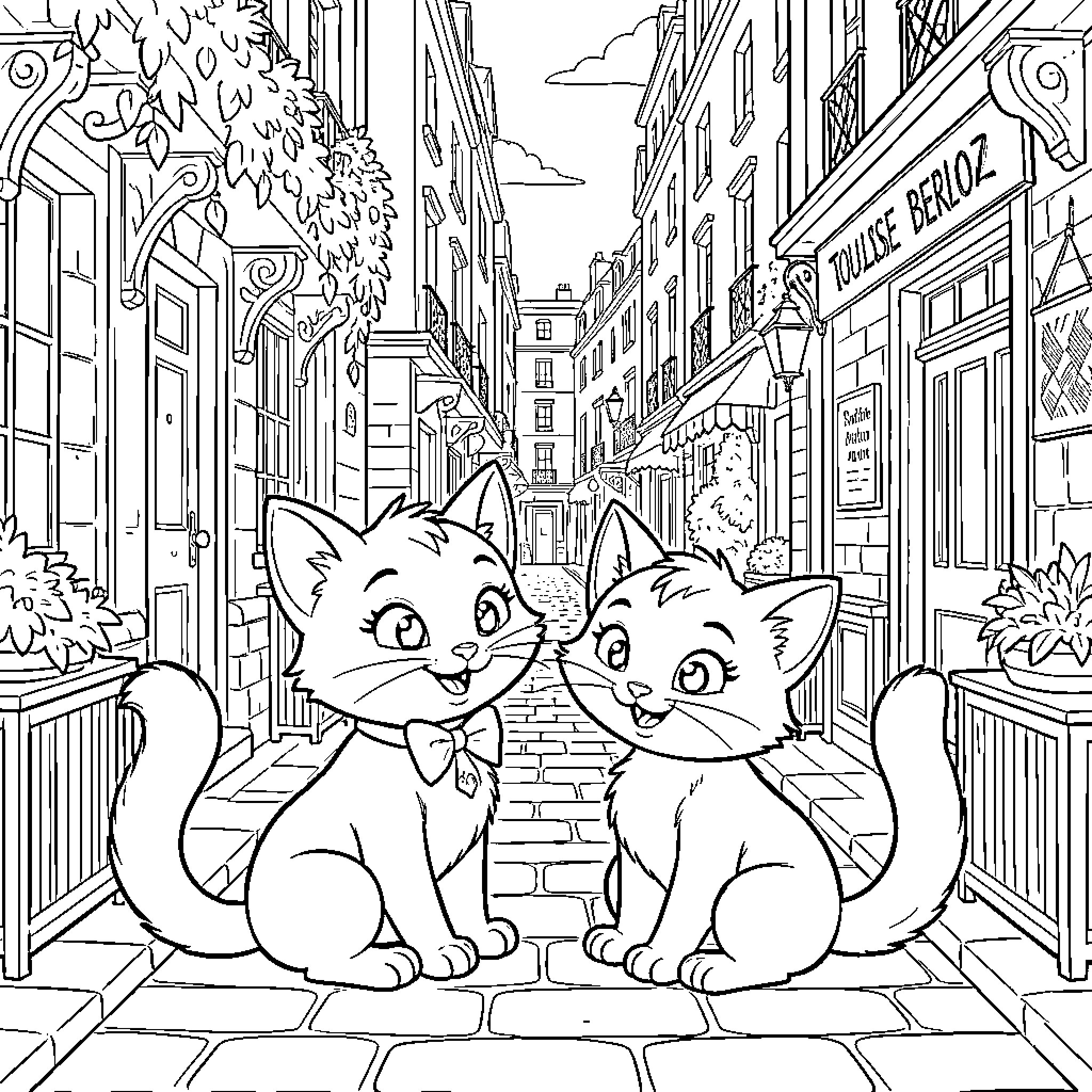 Aristochats kittens sitting together on a Parisian street Coloring Page (free black-and-white line drawing printable PDF for all, from beginners to advanced learners, including children, teens, adults, and seniors)