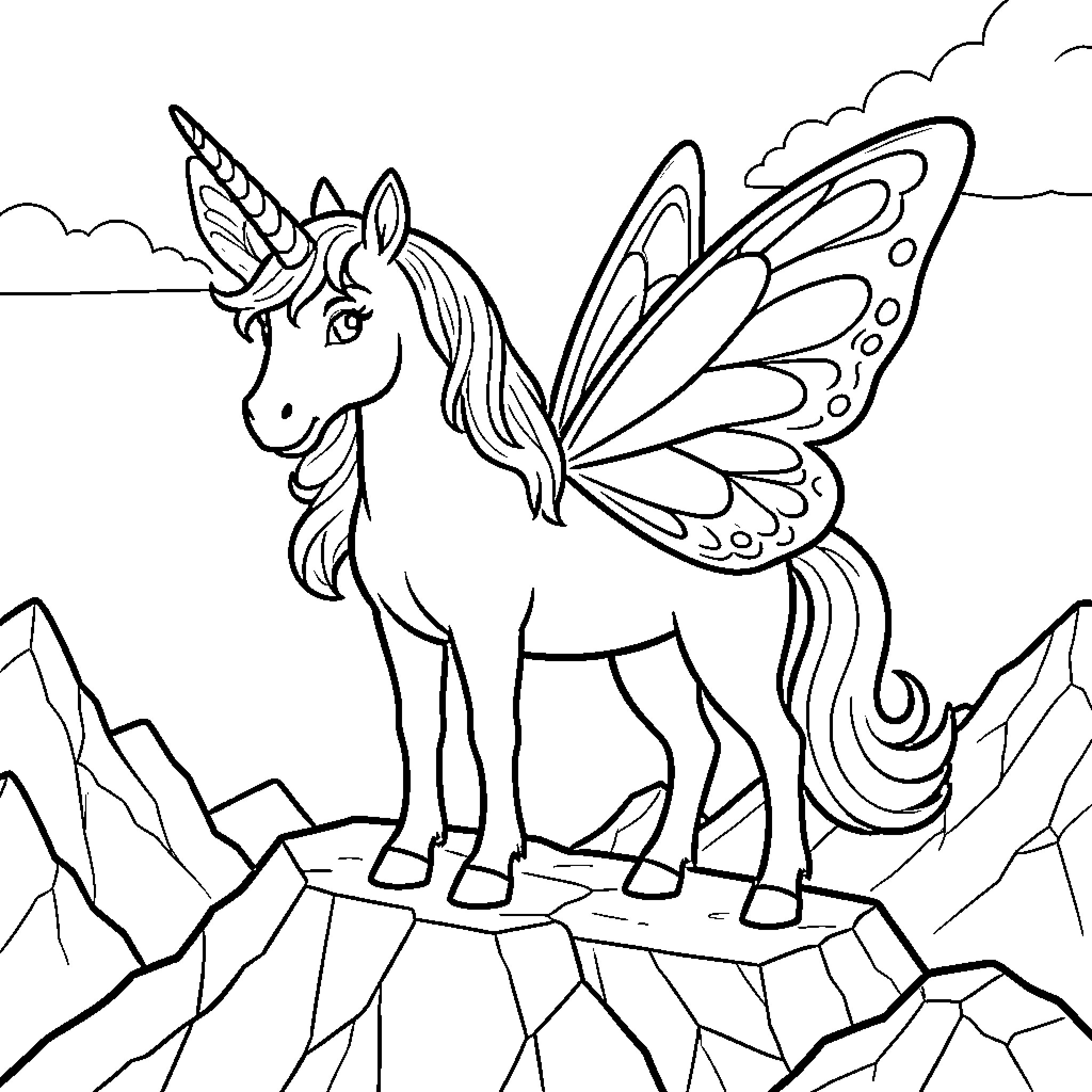 Unicorn with butterfly wings standing on a mountain Coloring Page (free black-and-white line drawing printable PDF for all, from beginners to advanced learners, including children, teens, adults, and seniors)