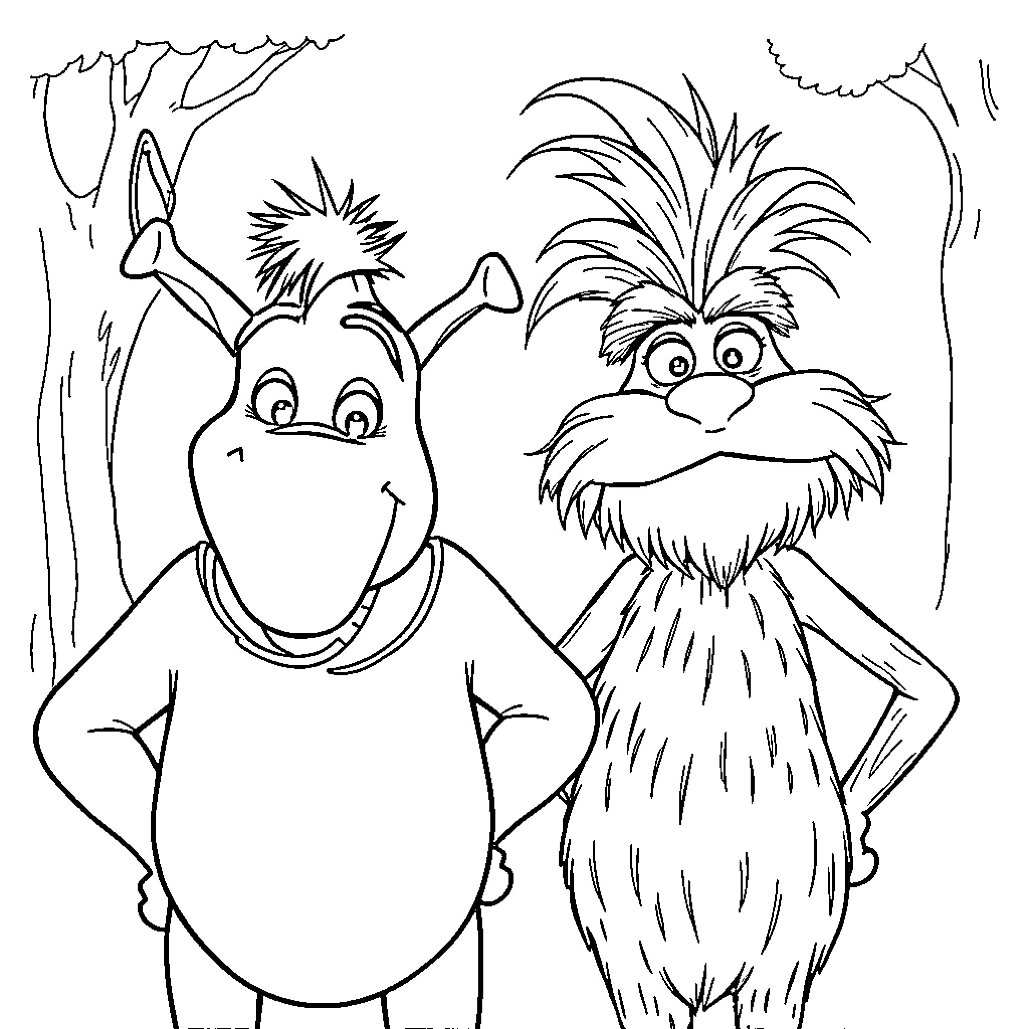 Donkey and Furry Creature in Cartoon Forest Coloring Page (free black-and-white line drawing printable PDF for all, from beginners to advanced learners, including children, teens, adults, and seniors)