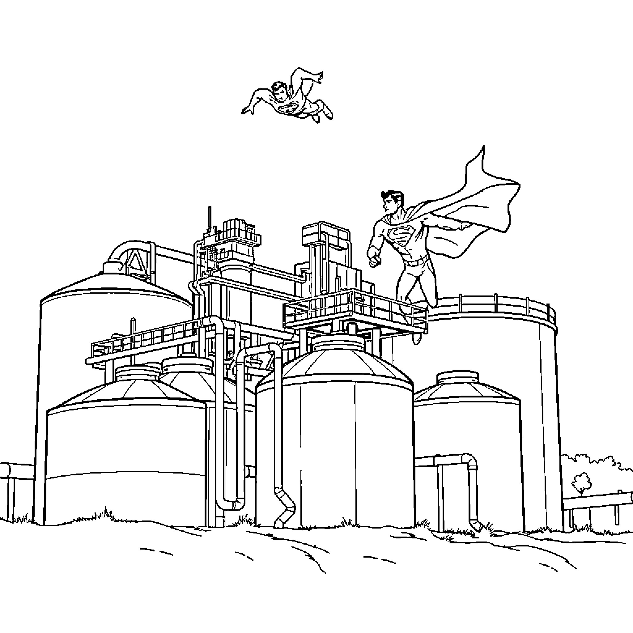 Superman soars above industrial cityscape Coloring Page (free black-and-white line drawing printable PDF for all, from beginners to advanced learners, including children, teens, adults, and seniors)