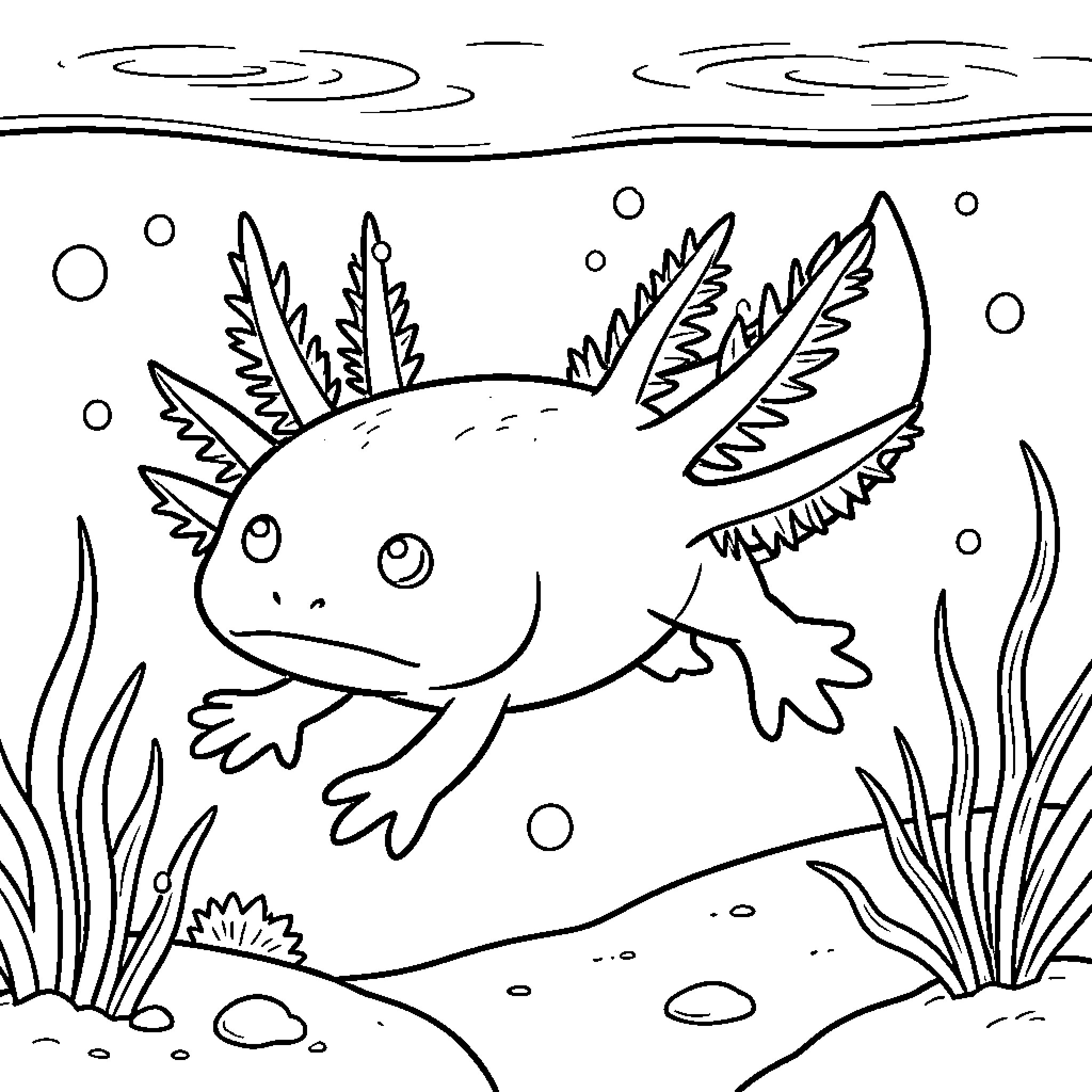 Axolotl swimming through underwater plants and bubbles Coloring Page (free black-and-white line drawing printable PDF for all, from beginners to advanced learners, including children, teens, adults, and seniors)