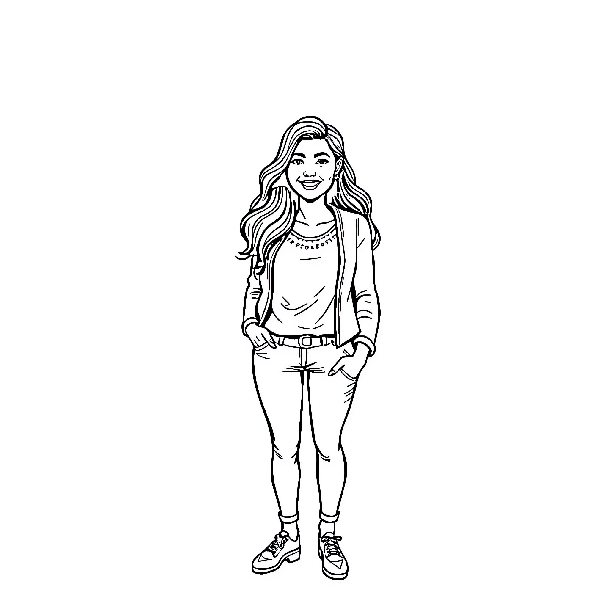Woman standing confidently with casual attire Coloring Page (free black-and-white line drawing printable PDF for all, from beginners to advanced learners, including children, teens, adults, and seniors)
