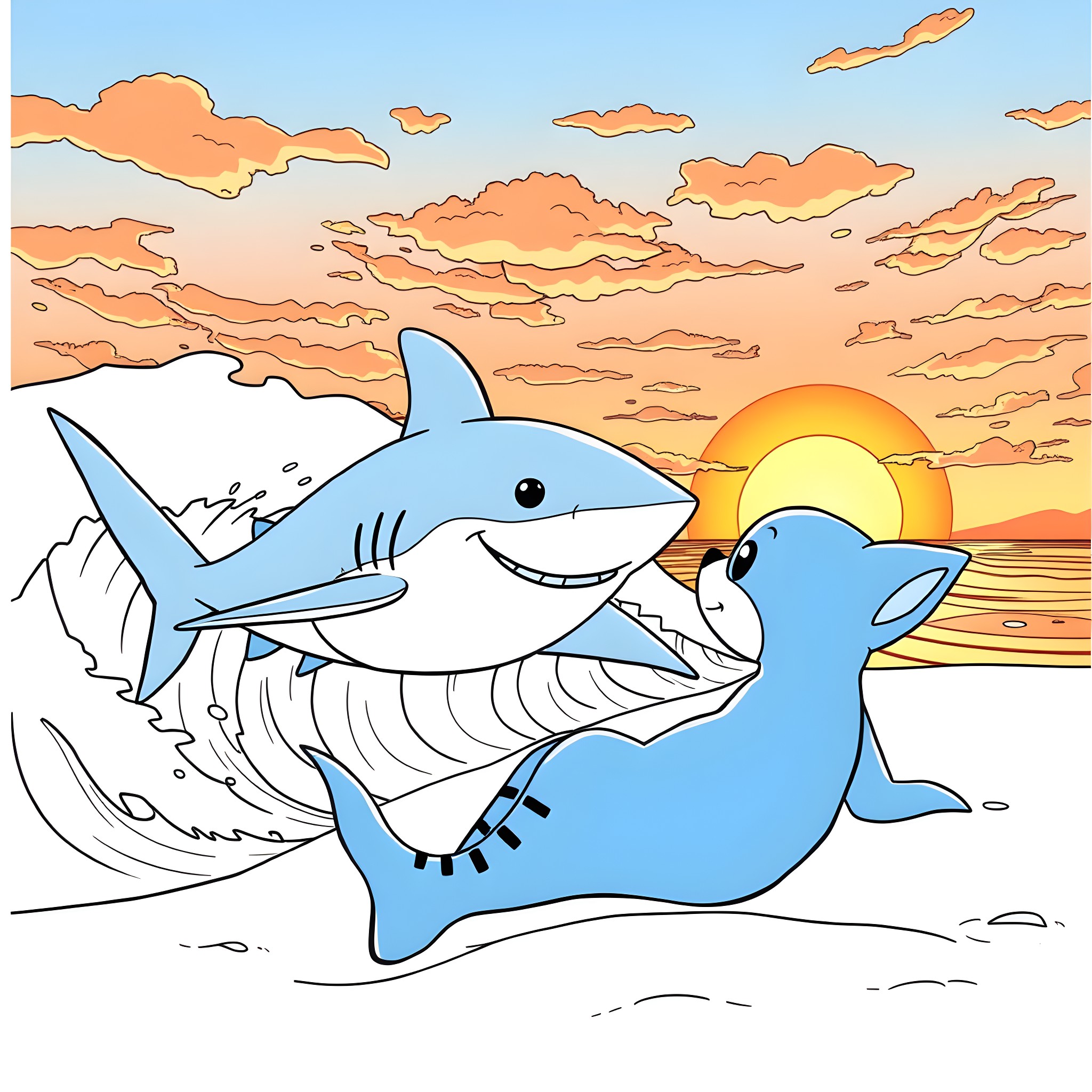 Shark playing happily with dolphin at sunset Coloring Page (free black-and-white line drawing printable PDF for all, from beginners to advanced learners, including children, teens, adults, and seniors)