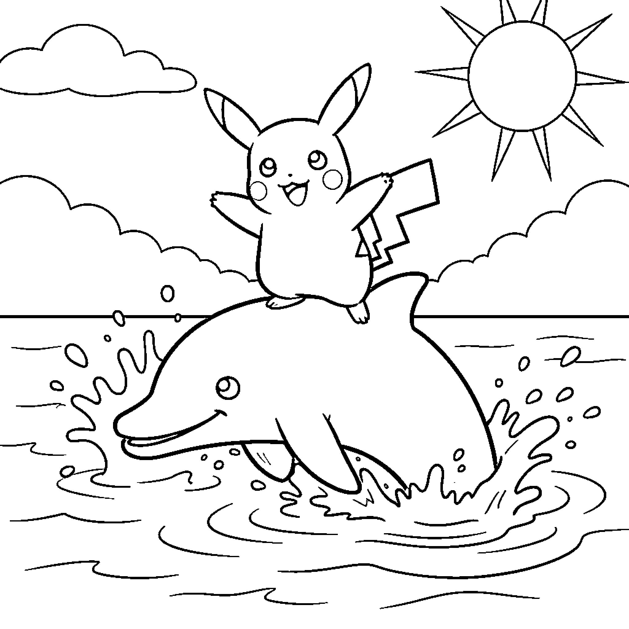 Pikachu riding a dolphin happily through the ocean waves Coloring Page (free black-and-white line drawing printable PDF for all, from beginners to advanced learners, including children, teens, adults, and seniors)