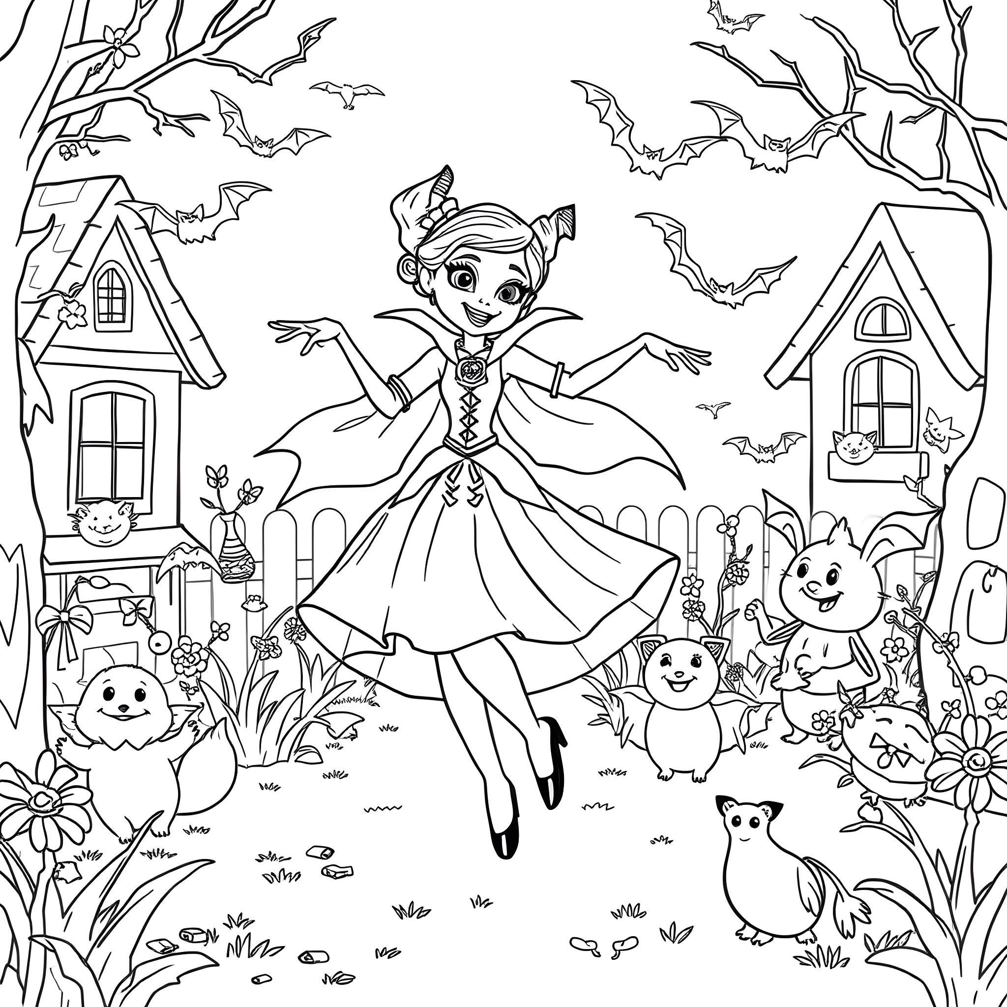 Vampirina enjoying a spooky night with friends Coloring Page (free black-and-white line drawing printable PDF for all, from beginners to advanced learners, including children, teens, adults, and seniors)