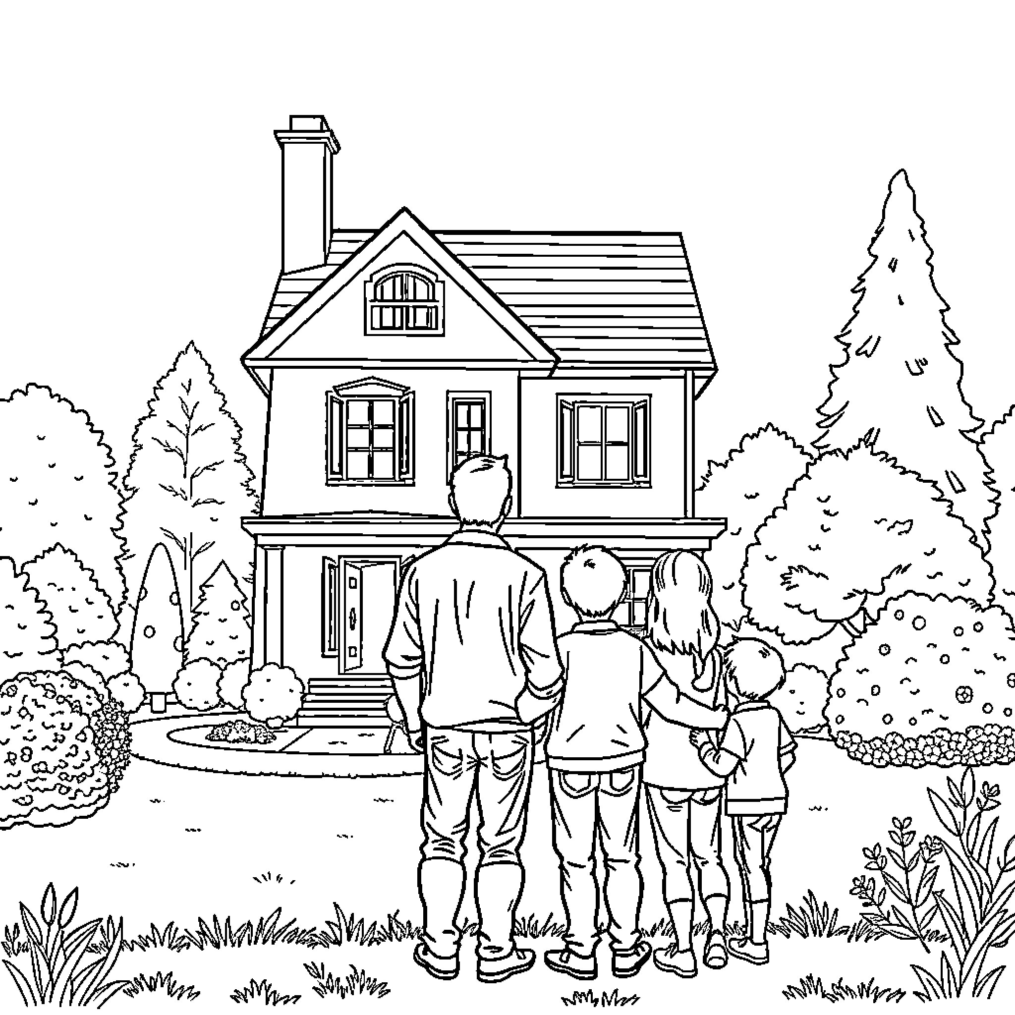 Family enjoying a peaceful day at their charming home Coloring Page (free black-and-white line drawing printable PDF for all, from beginners to advanced learners, including children, teens, adults, and seniors)