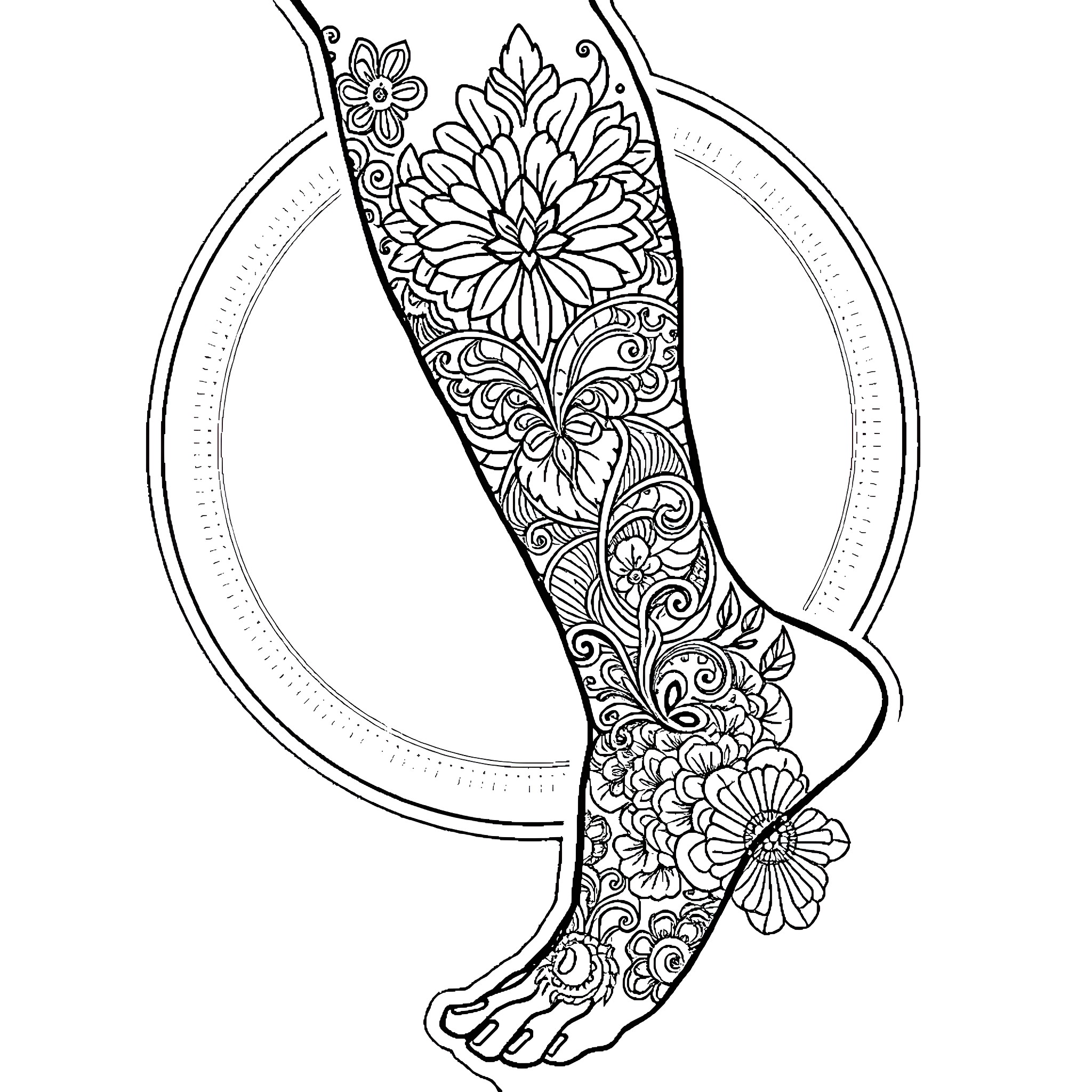 Leg Tattoo with Intricate Floral Designs Coloring Page (free black-and-white line drawing printable PDF for all, from beginners to advanced learners, including children, teens, adults, and seniors)