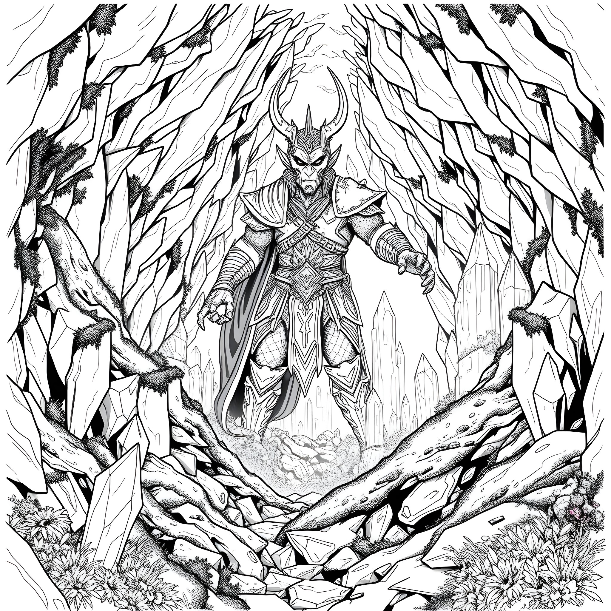 Warden Commanding the Forces of Nature Coloring Page (free black-and-white line drawing printable PDF for all, from beginners to advanced learners, including children, teens, adults, and seniors)