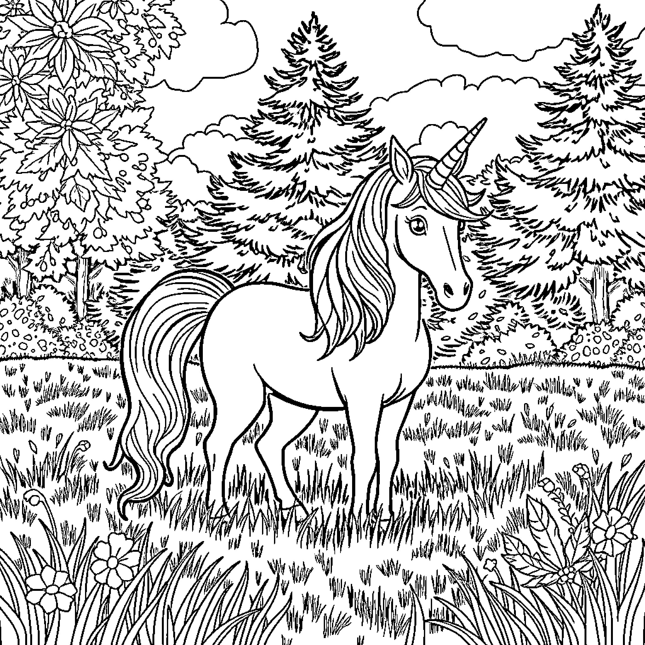 Unicorn standing in a magical forest Coloring Page (free black-and-white line drawing printable PDF for all, from beginners to advanced learners, including children, teens, adults, and seniors)