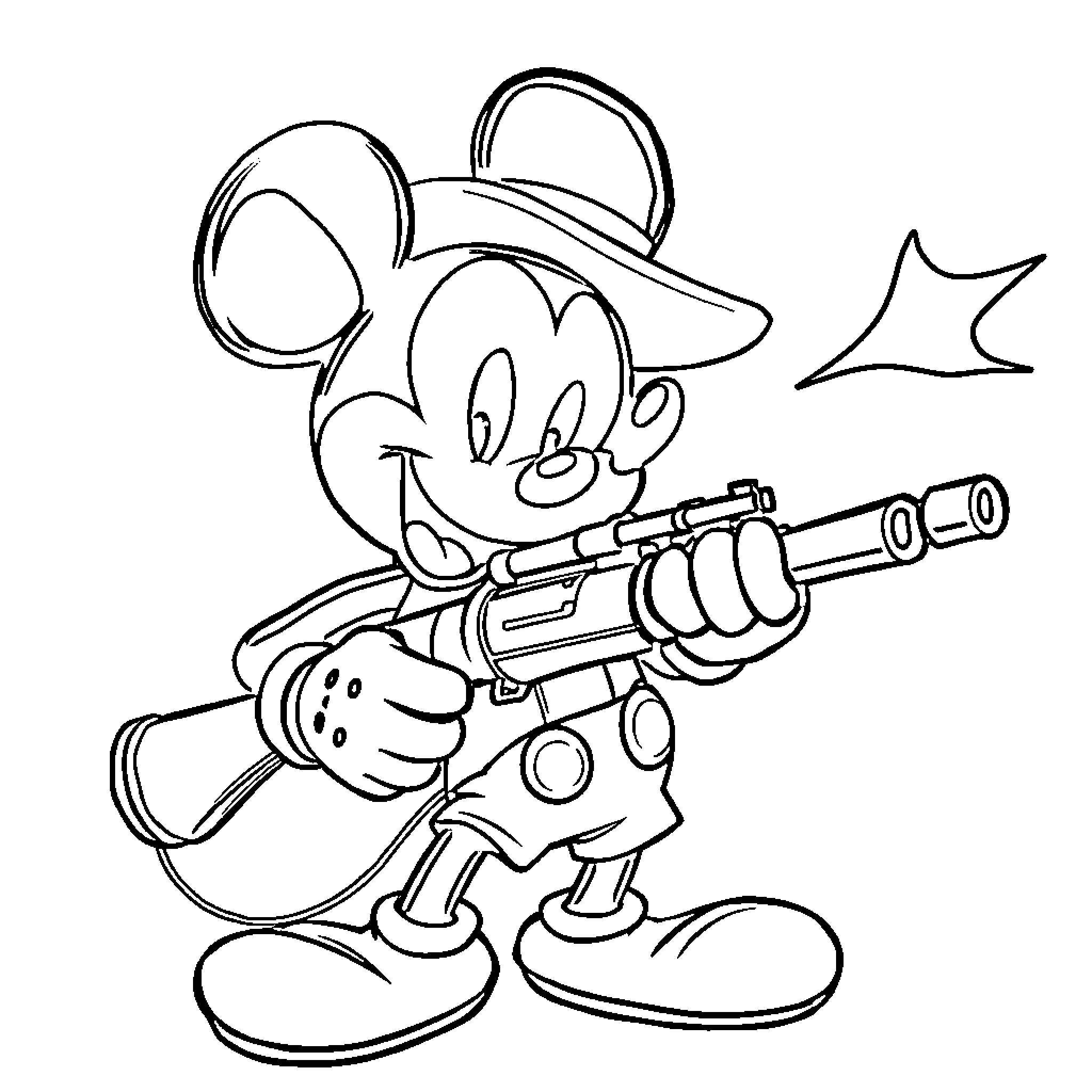 Mickey Mouse shooting a blaster gun Coloring Page (free black-and-white line drawing printable PDF for all, from beginners to advanced learners, including children, teens, adults, and seniors)