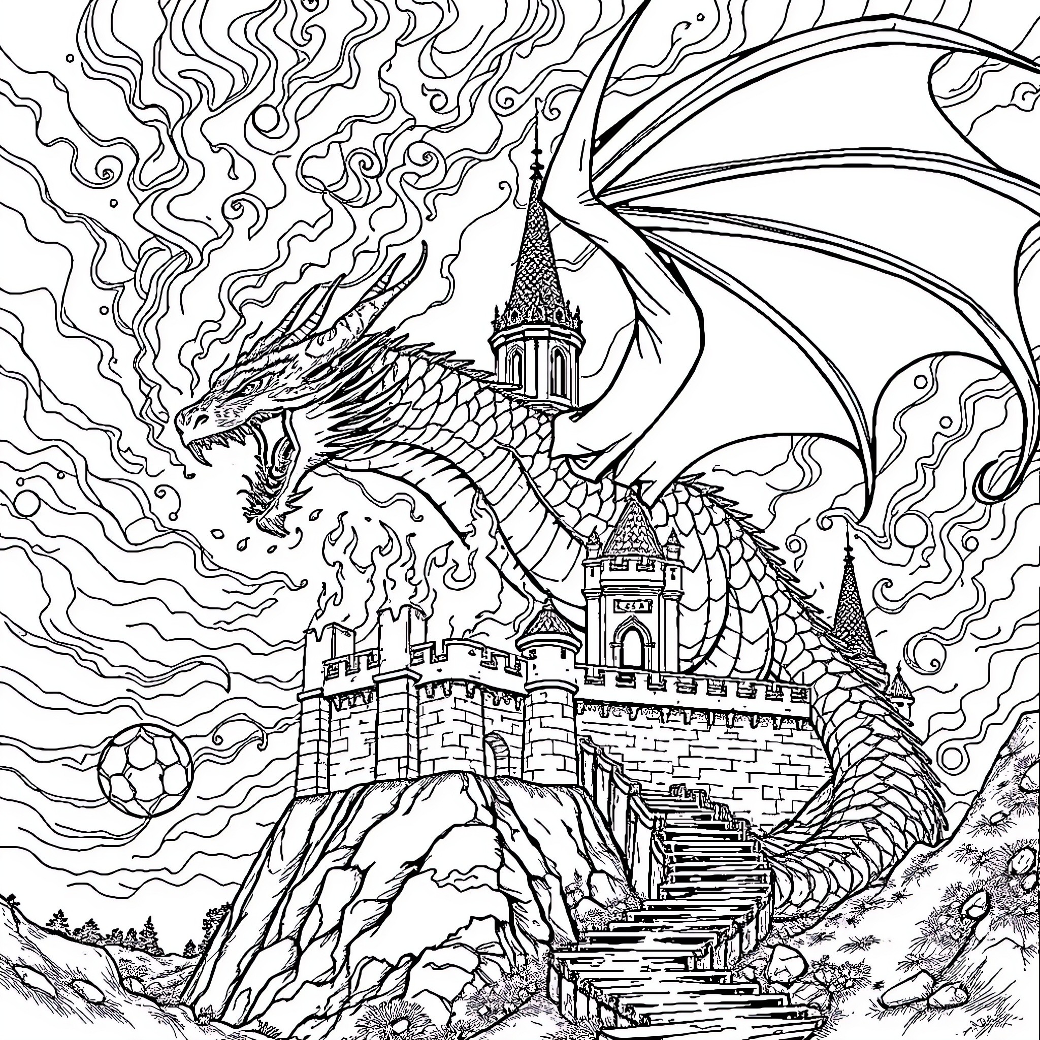 Dragon guarding the enchanted castle Coloring Page (free black-and-white line drawing printable PDF for all, from beginners to advanced learners, including children, teens, adults, and seniors)