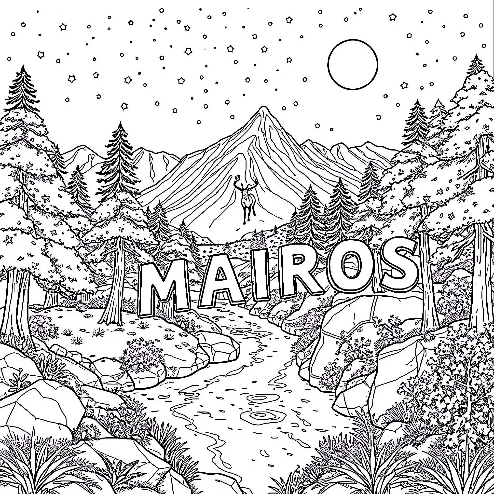 Mountain Landscape with Snow, Pines, and Moose Coloring Page (free black-and-white line drawing printable PDF for all, from beginners to advanced learners, including children, teens, adults, and seniors)