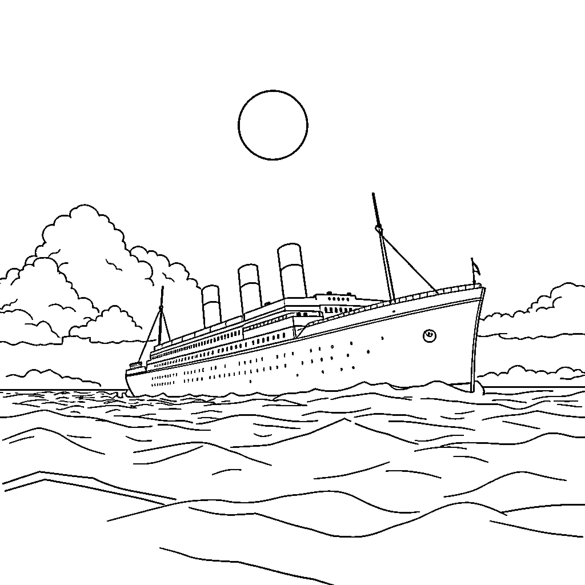 Titanic sailing majestically across the ocean Coloring Page (free black-and-white line drawing printable PDF for all, from beginners to advanced learners, including children, teens, adults, and seniors)