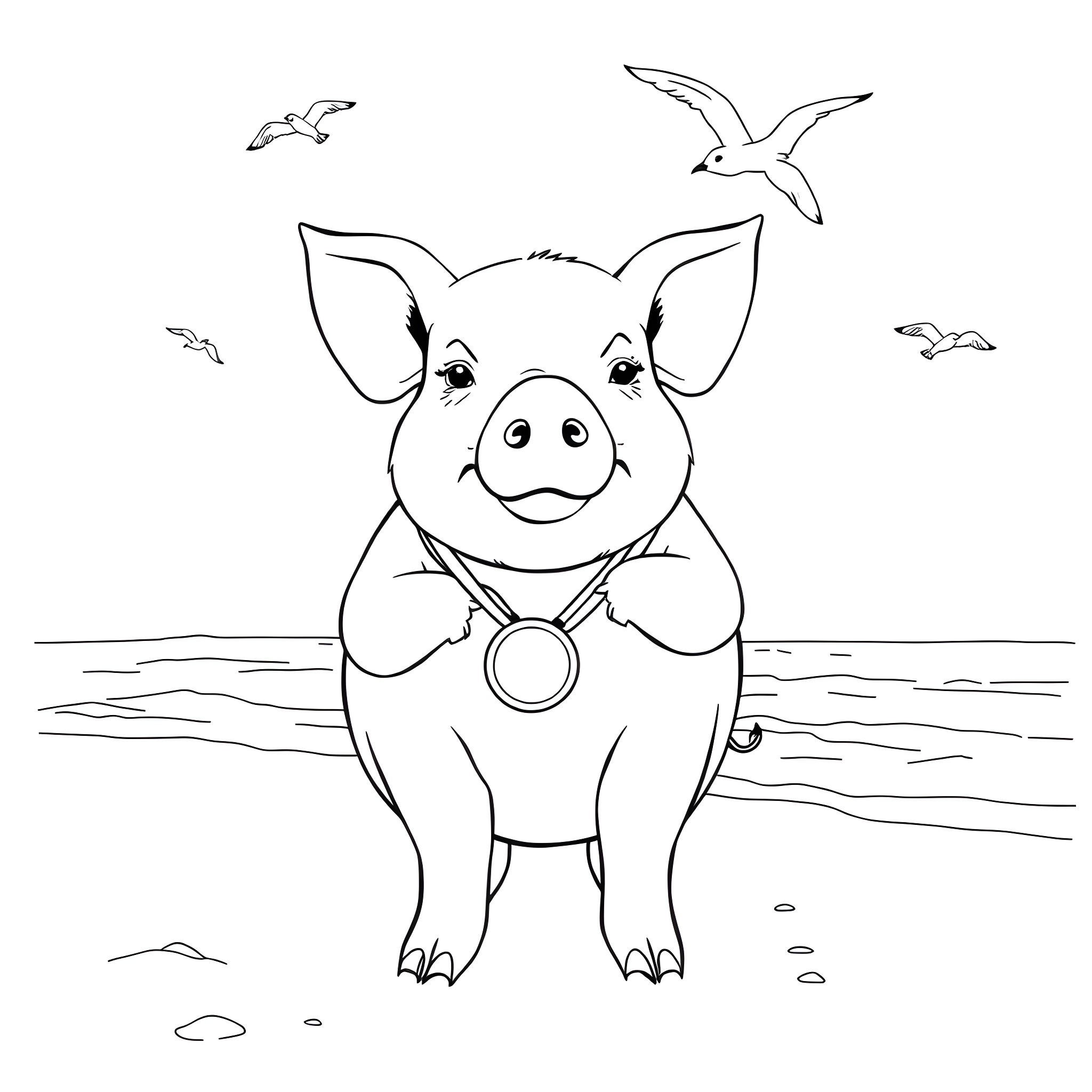Pig playing by the seaside with seagulls Coloring Page (free black-and-white line drawing printable PDF for all, from beginners to advanced learners, including children, teens, adults, and seniors)