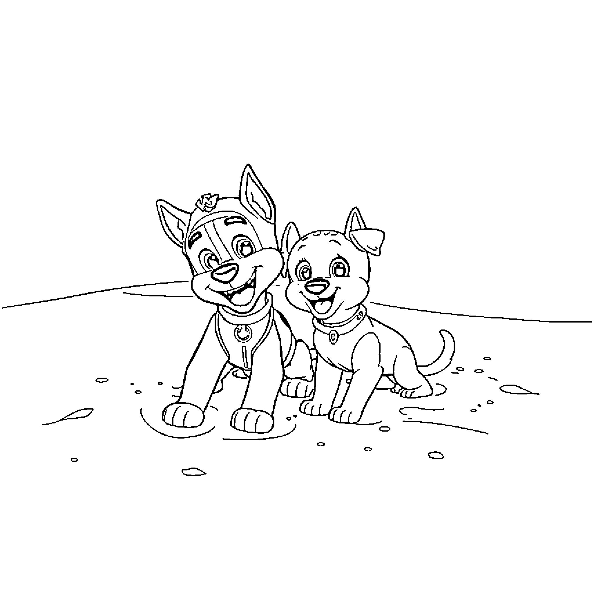 Chase of playful puppies in the outdoors Coloring Page (free black-and-white line drawing printable PDF for all, from beginners to advanced learners, including children, teens, adults, and seniors)