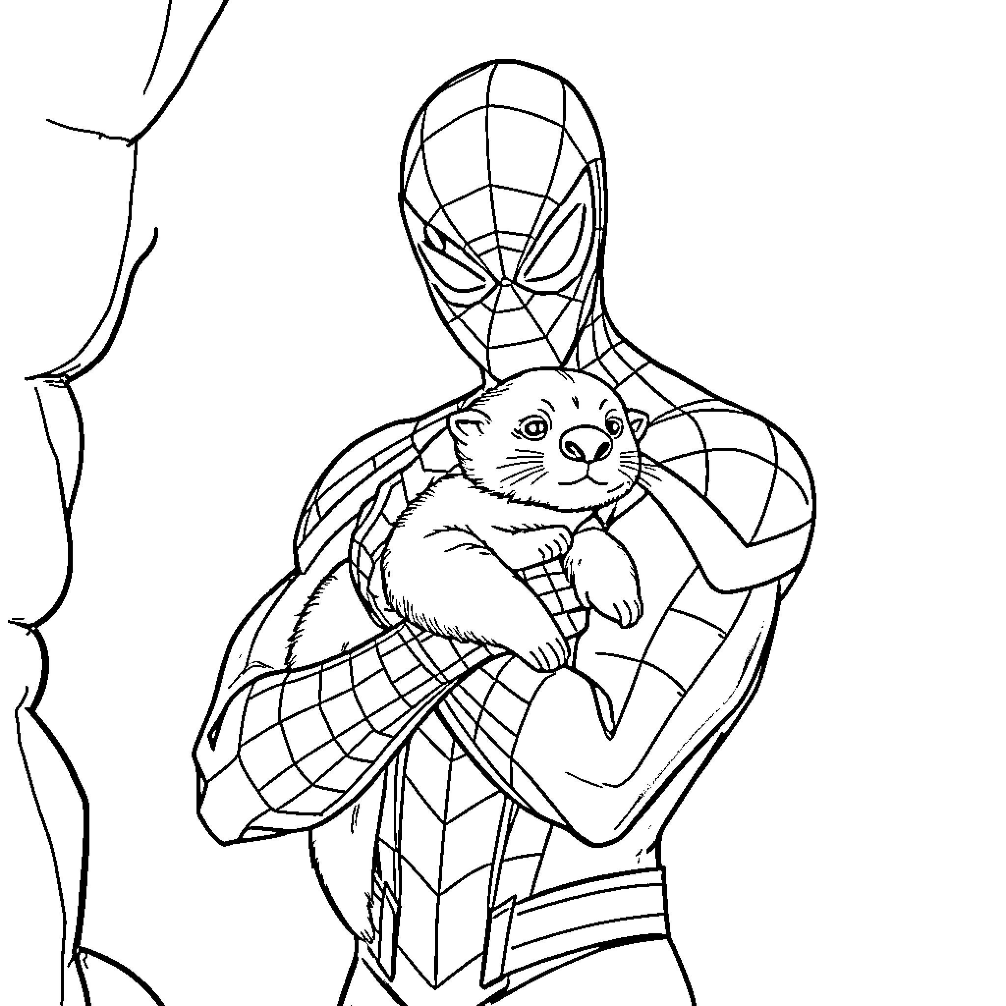 Spiderman saving a small animal Coloring Page (free black-and-white line drawing printable PDF for all, from beginners to advanced learners, including children, teens, adults, and seniors)