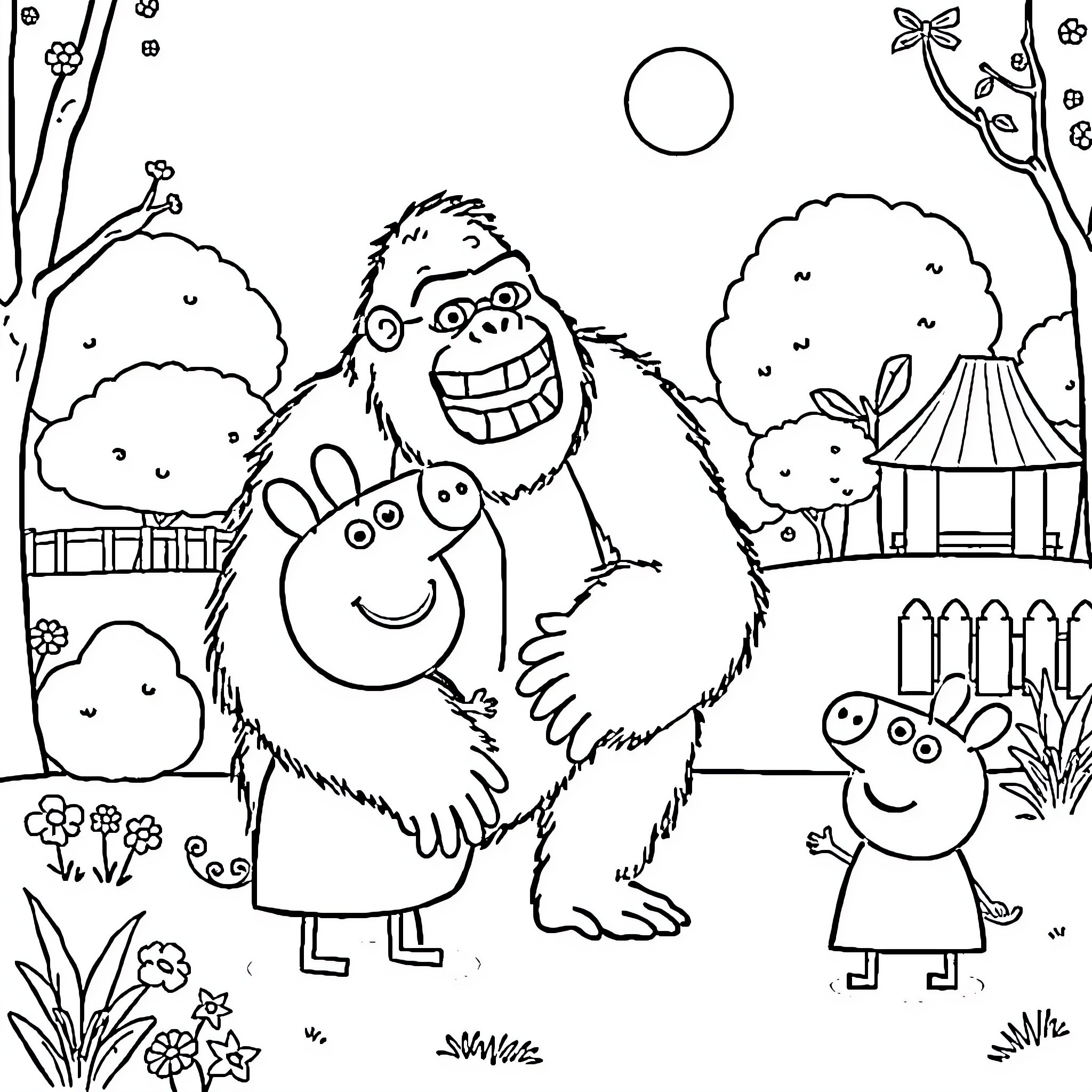 Peppa Pig and friends in a lively outdoor scene Coloring Page (free black-and-white line drawing printable PDF for all, from beginners to advanced learners, including children, teens, adults, and seniors)