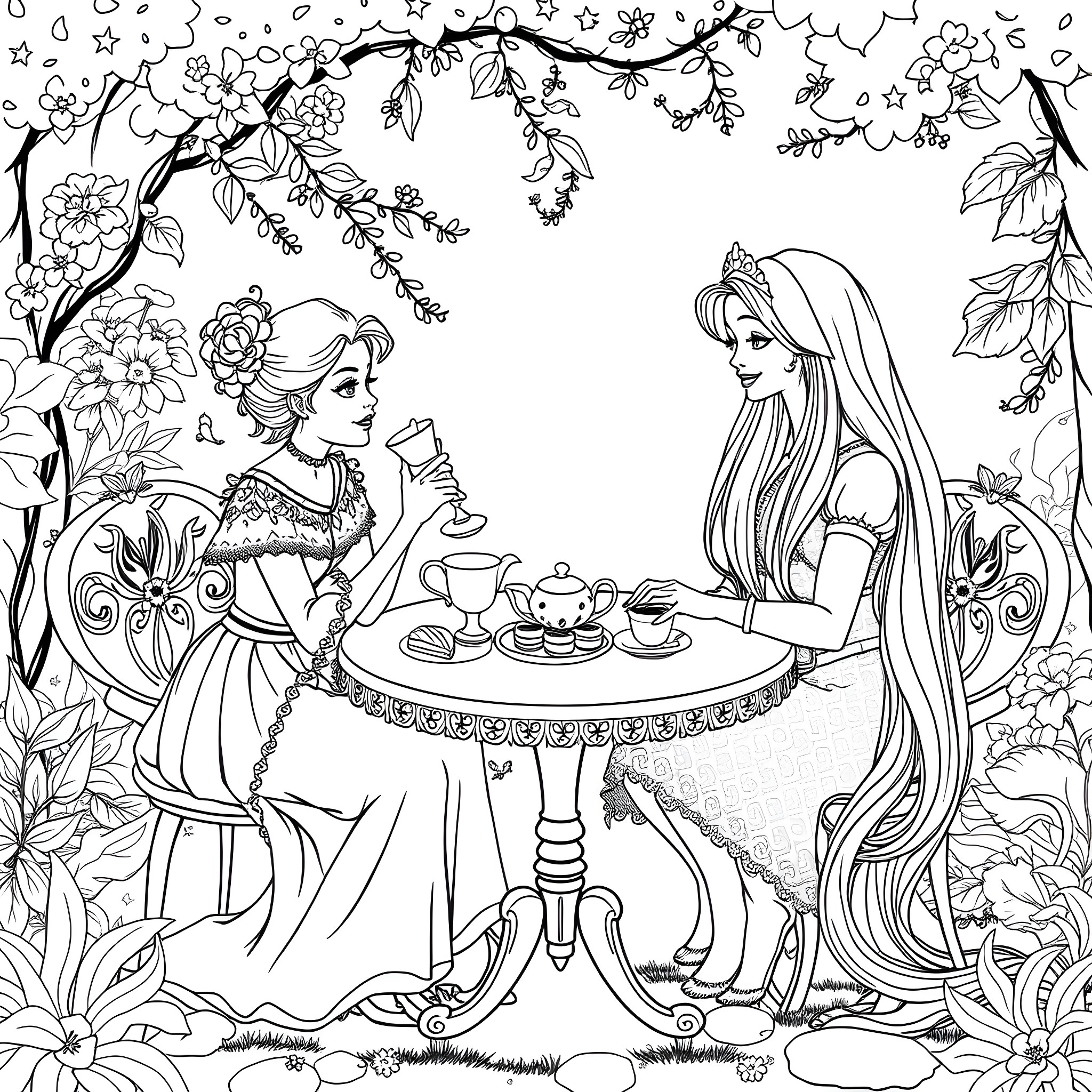 Elsa and Anna Sharing a Magical Tea Party in the Forest Coloring Page (free black-and-white line drawing printable PDF for all, from beginners to advanced learners, including children, teens, adults, and seniors)