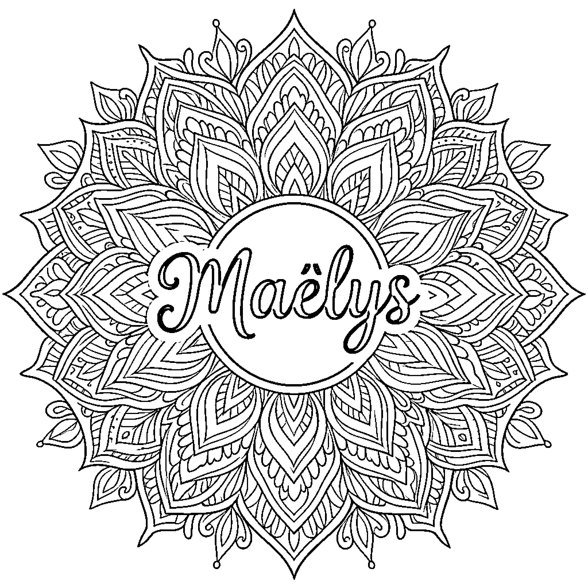 Mandala with intricate floral patterns and name Coloring Page (free black-and-white line drawing printable PDF for all, from beginners to advanced learners, including children, teens, adults, and seniors)