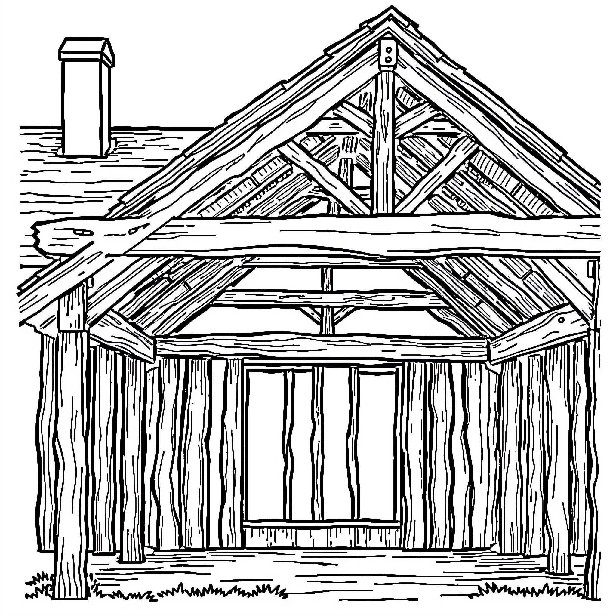 Framework of a wooden cabin in the forest Coloring Page (free black-and-white line drawing printable PDF for all, from beginners to advanced learners, including children, teens, adults, and seniors)