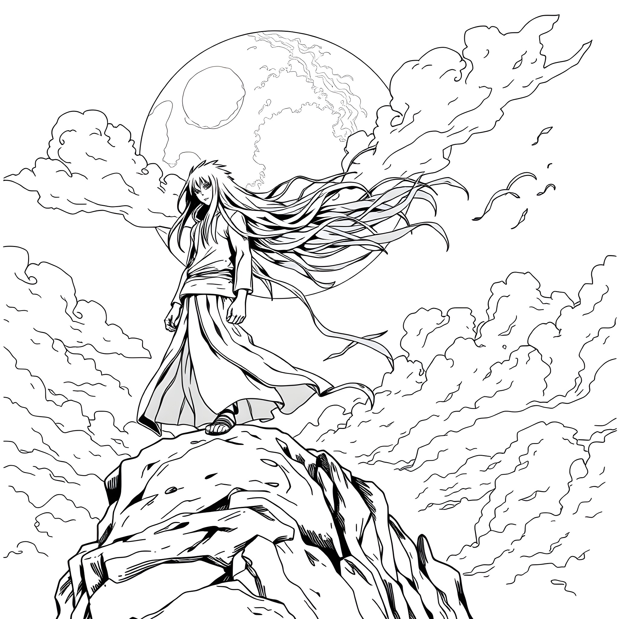 Madara's Mystical Ascent: Commanding the Elements Coloring Page (free black-and-white line drawing printable PDF for all, from beginners to advanced learners, including children, teens, adults, and seniors)