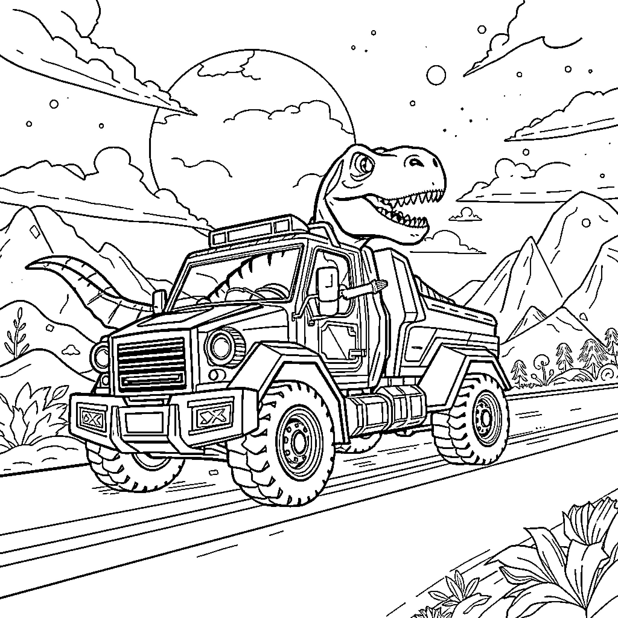 Dinosaur riding a powerful all-terrain vehicle through a rugged landscape Coloring Page (free black-and-white line drawing printable PDF for all, from beginners to advanced learners, including children, teens, adults, and seniors)