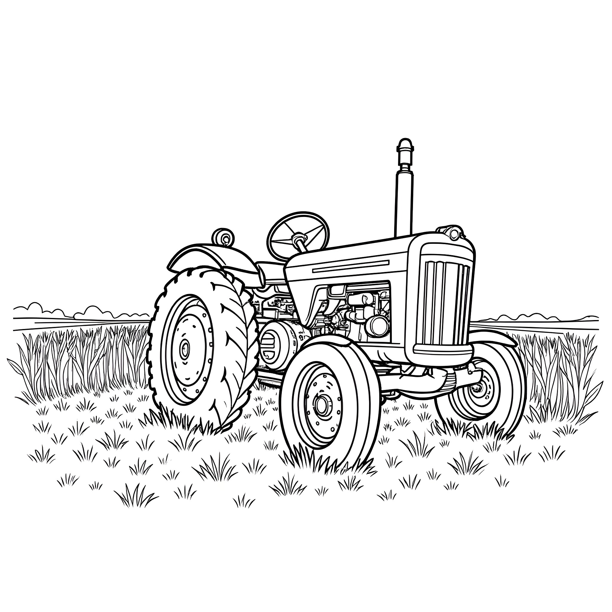 Tractor working in the field Coloring Page (free black-and-white line drawing printable PDF for all, from beginners to advanced learners, including children, teens, adults, and seniors)