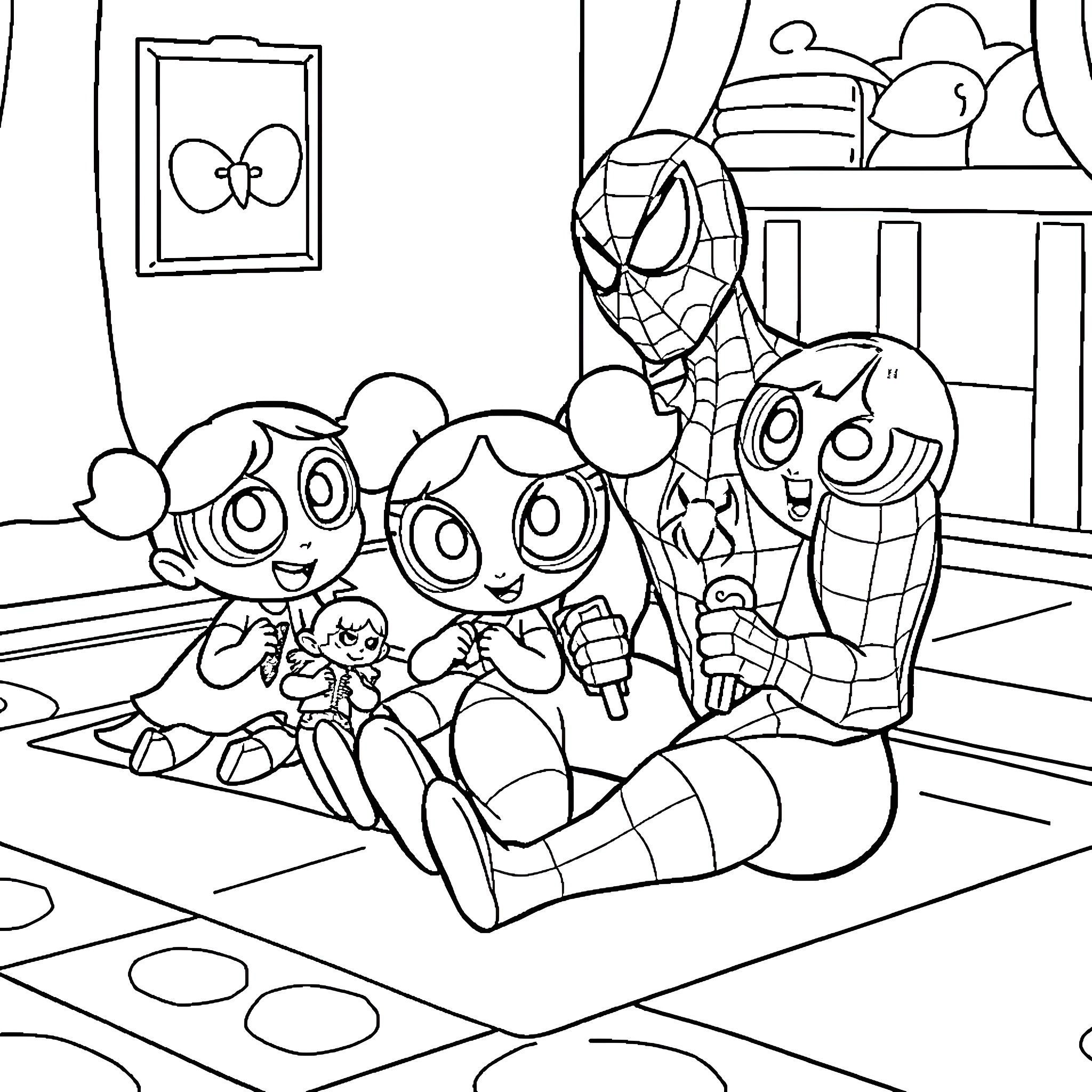 Powerpuff Girls and Spider-Man playing together Coloring Page (free black-and-white line drawing printable PDF for all, from beginners to advanced learners, including children, teens, adults, and seniors)