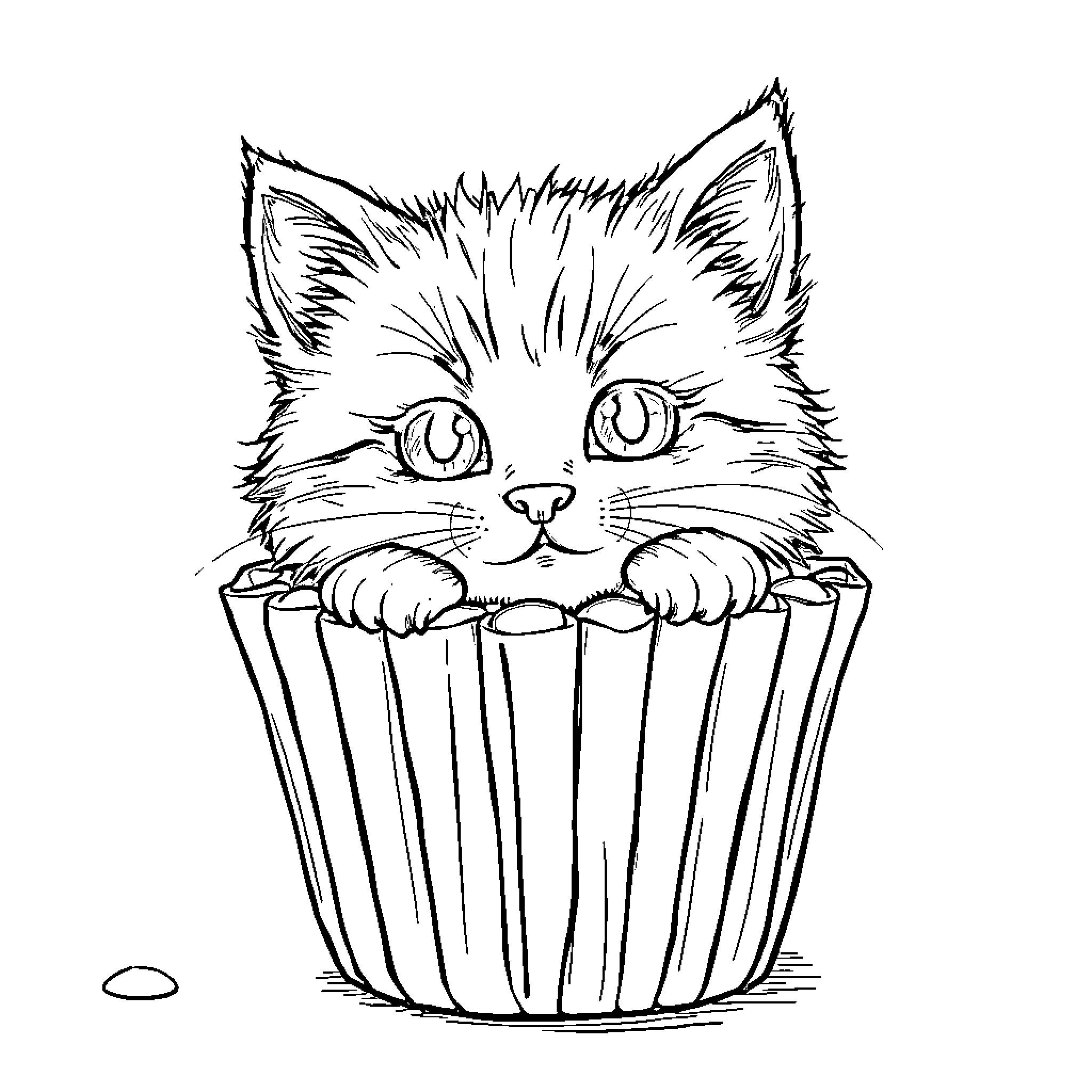 Cat peeking out of a cupcake Coloring Page (free black-and-white line drawing printable PDF for all, from beginners to advanced learners, including children, teens, adults, and seniors)