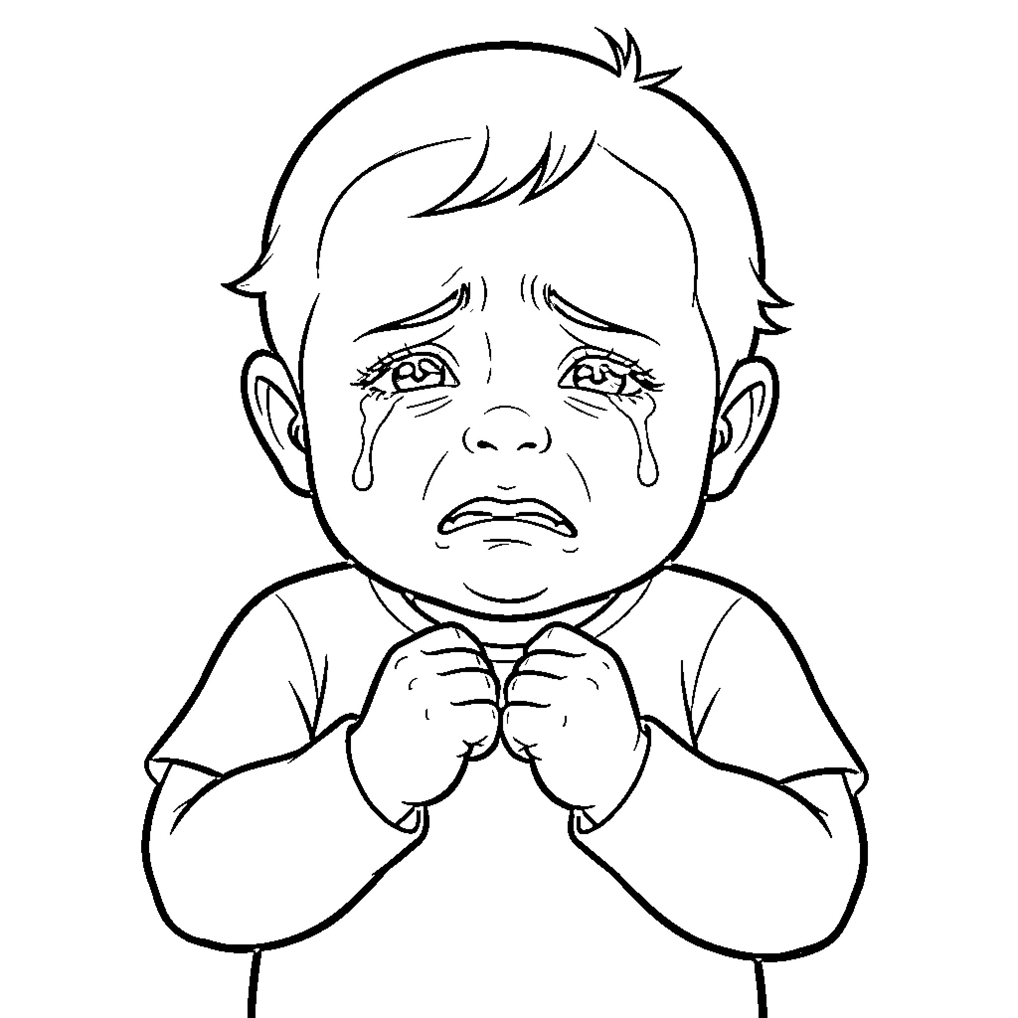 Baby crying with tears and a sad expression Coloring Page (free black-and-white line drawing printable PDF for all, from beginners to advanced learners, including children, teens, adults, and seniors)