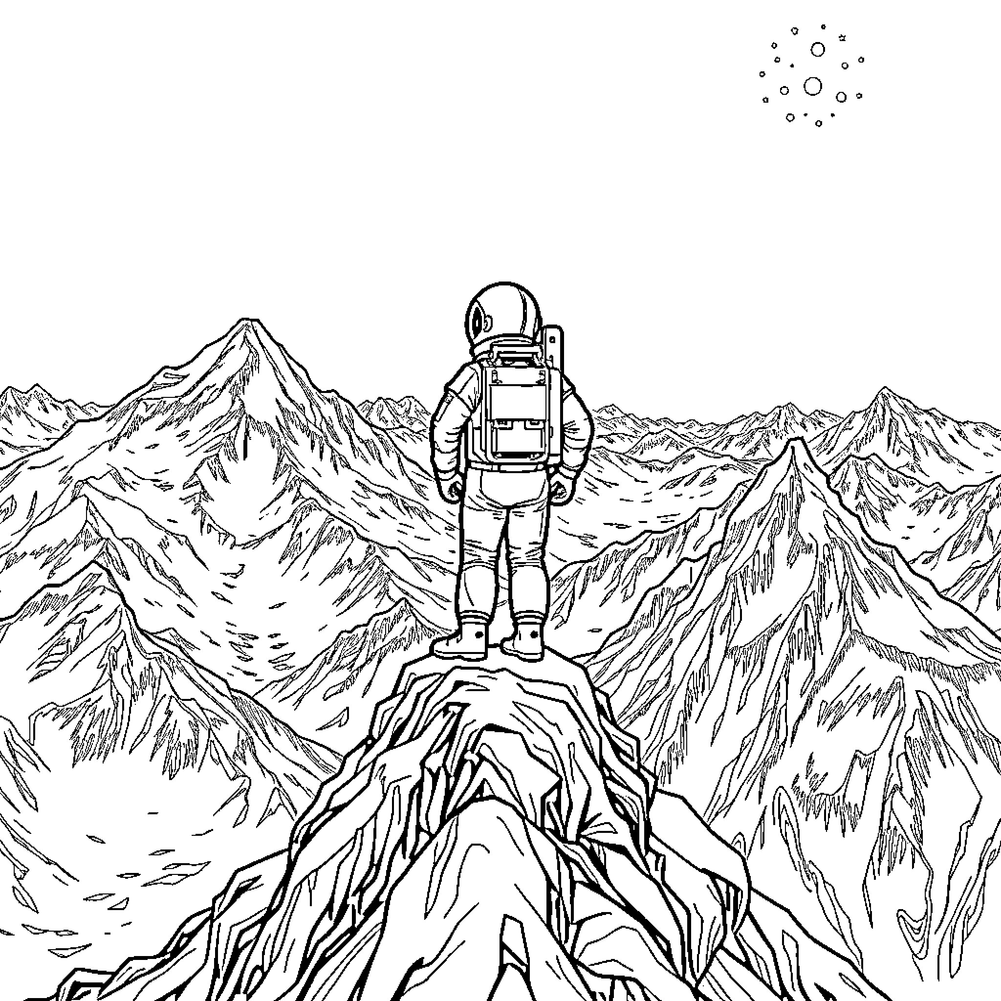 Astronaut exploring the rugged mountain terrain Coloring Page (free black-and-white line drawing printable PDF for all, from beginners to advanced learners, including children, teens, adults, and seniors)