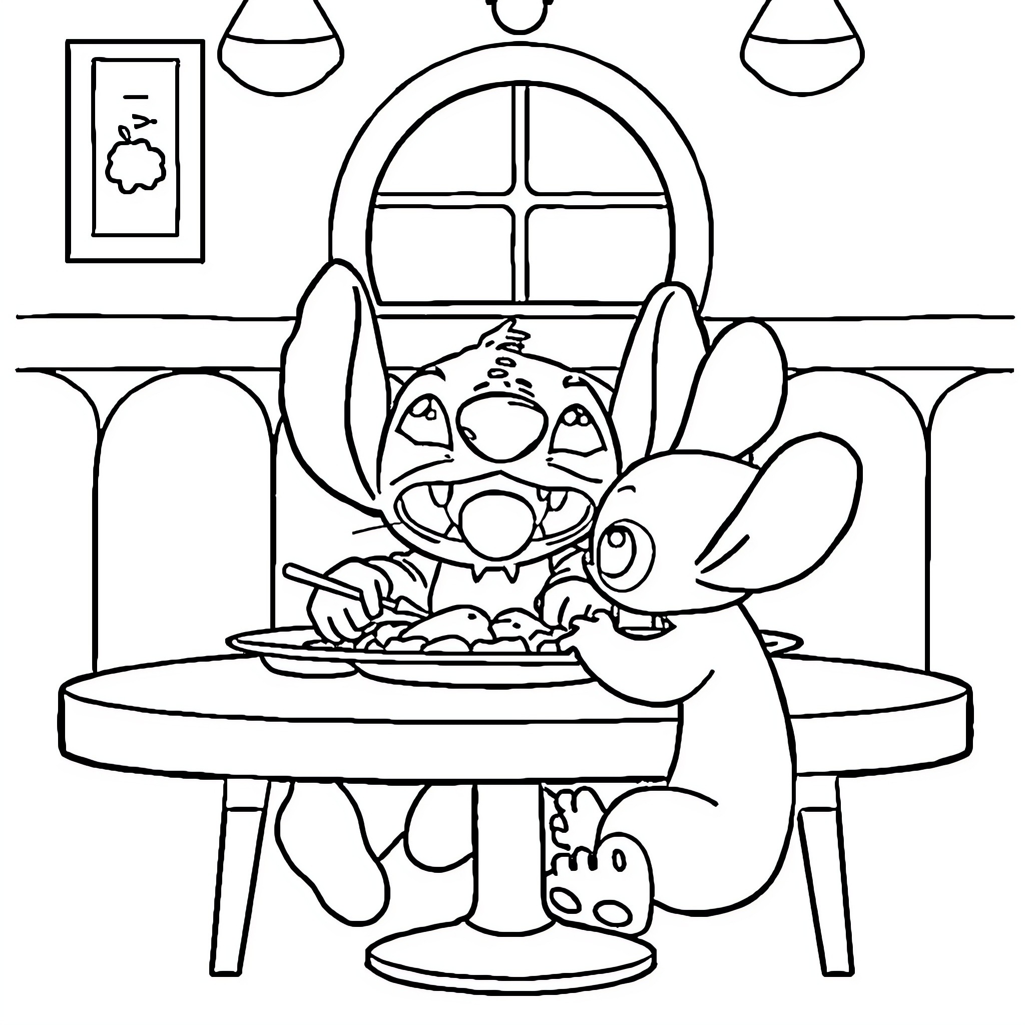 Chat about a playful dining experience Coloring Page (free black-and-white line drawing printable PDF for all, from beginners to advanced learners, including children, teens, adults, and seniors)