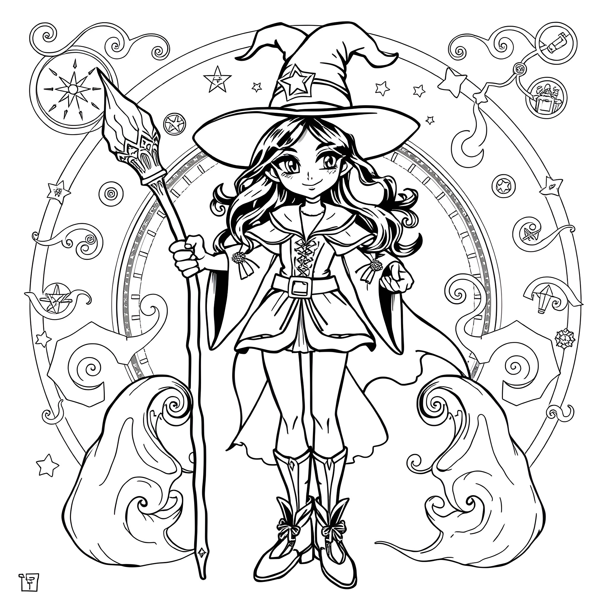Dark Magician Girl showcasing her magical talents Coloring Page (free black-and-white line drawing printable PDF for all, from beginners to advanced learners, including children, teens, adults, and seniors)