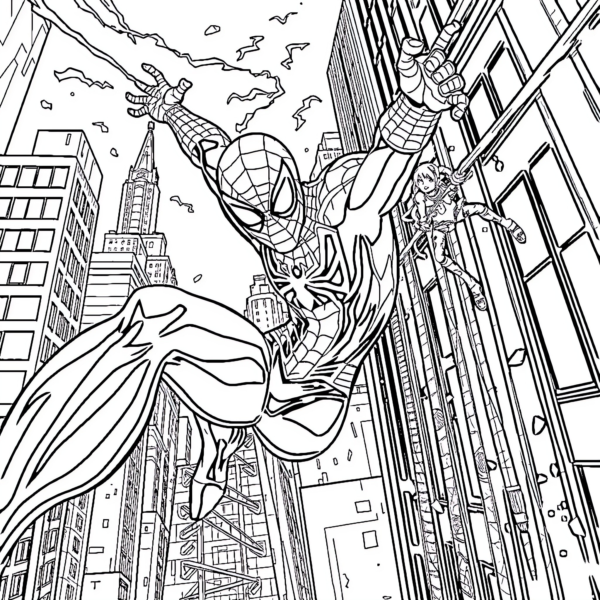 Spiderman swinging through the city in action Coloring Page (free black-and-white line drawing printable PDF for all, from beginners to advanced learners, including children, teens, adults, and seniors)