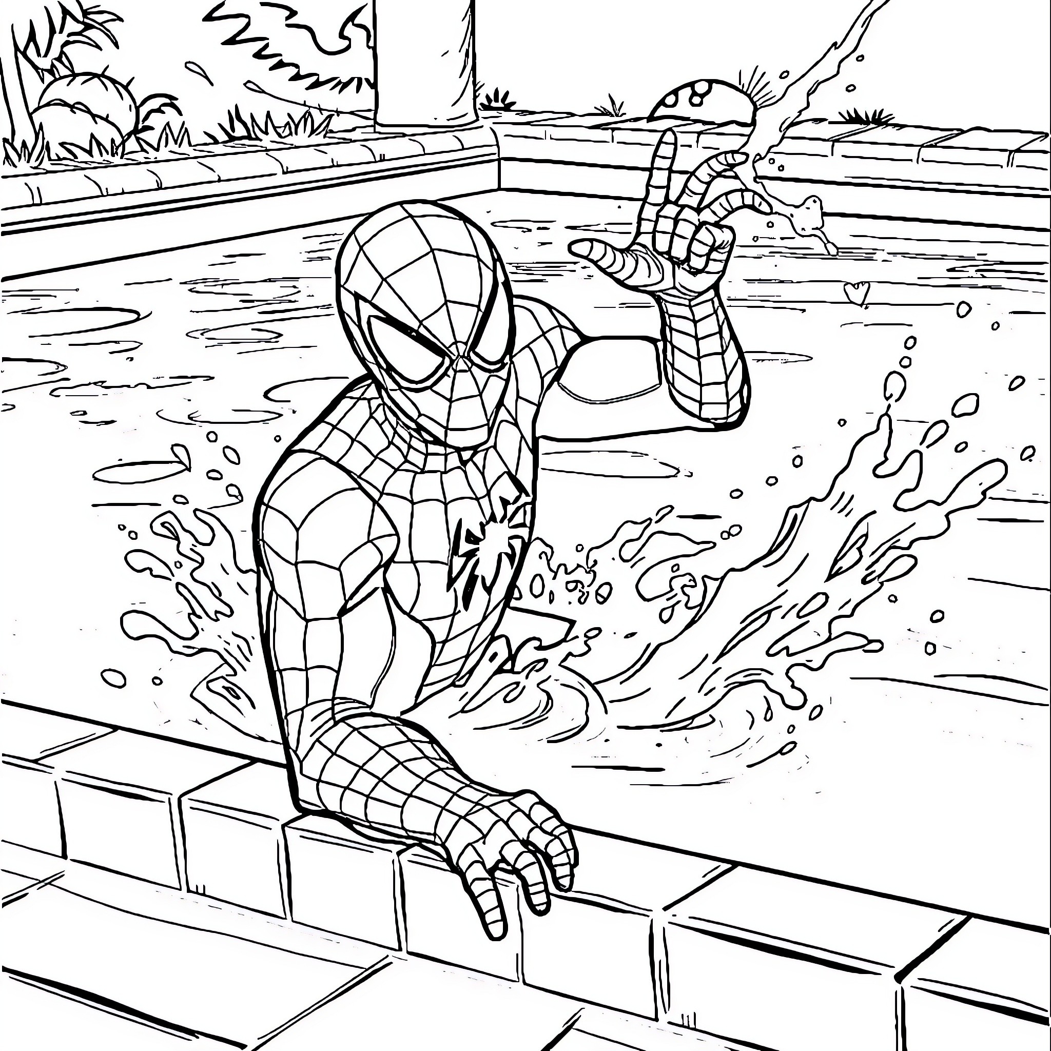 Spider-Man heroically jumping into action Coloring Page (free black-and-white line drawing printable PDF for all, from beginners to advanced learners, including children, teens, adults, and seniors)