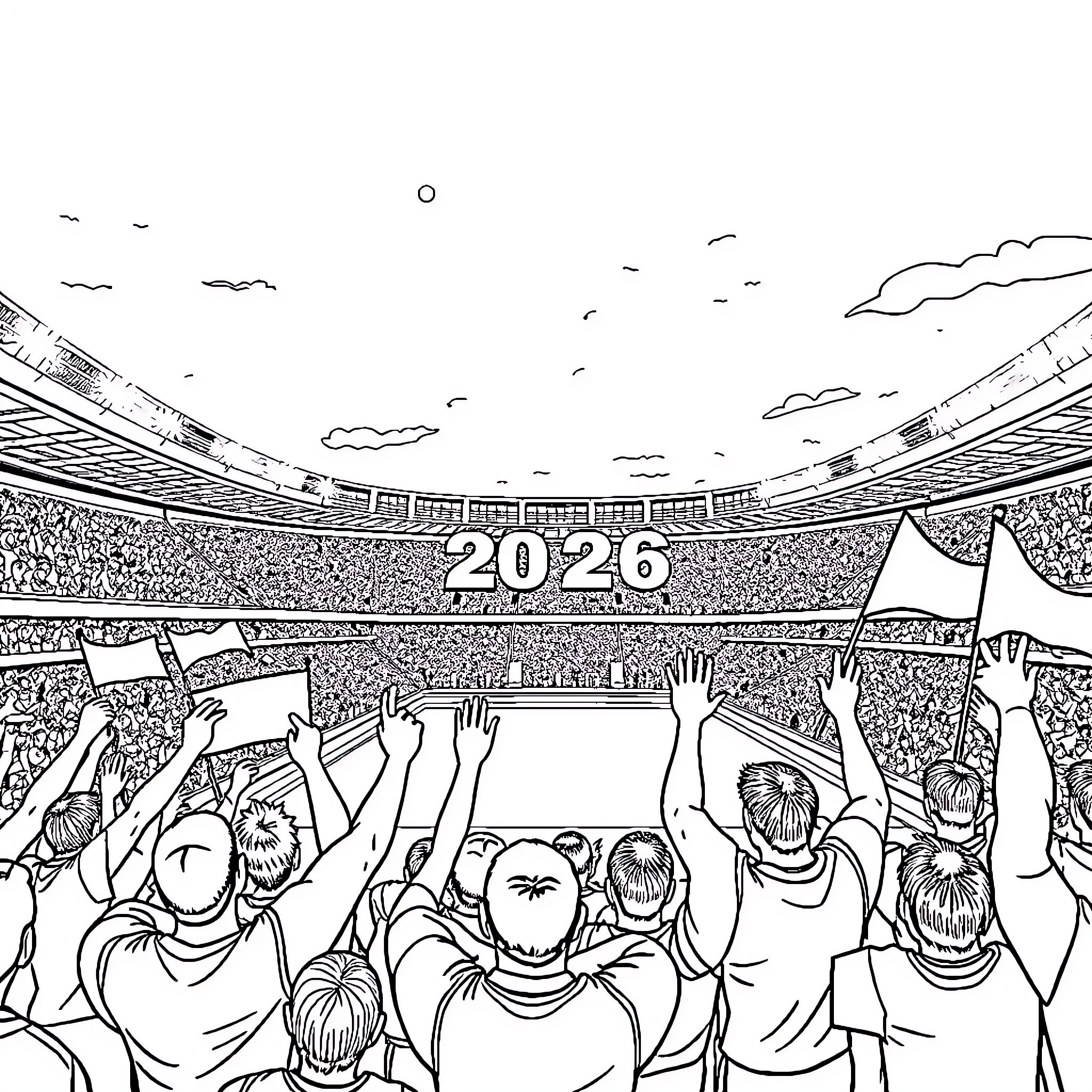 AFL Enthusiastic Crowd Celebrating 2026 in Stadium Coloring Page (free black-and-white line drawing printable PDF for all, from beginners to advanced learners, including children, teens, adults, and seniors)